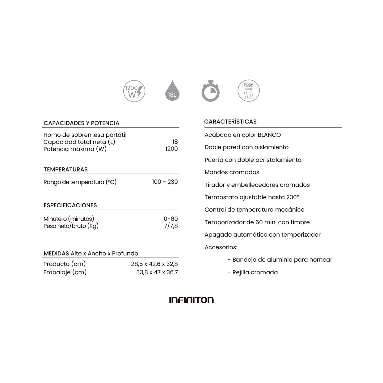 Infiniton HSM-A18B – Tischbackofen, Weiß, 18 l, 1200 W, Doppelverglasung, Temperaturregelung, 60-Minuten-Timer.
