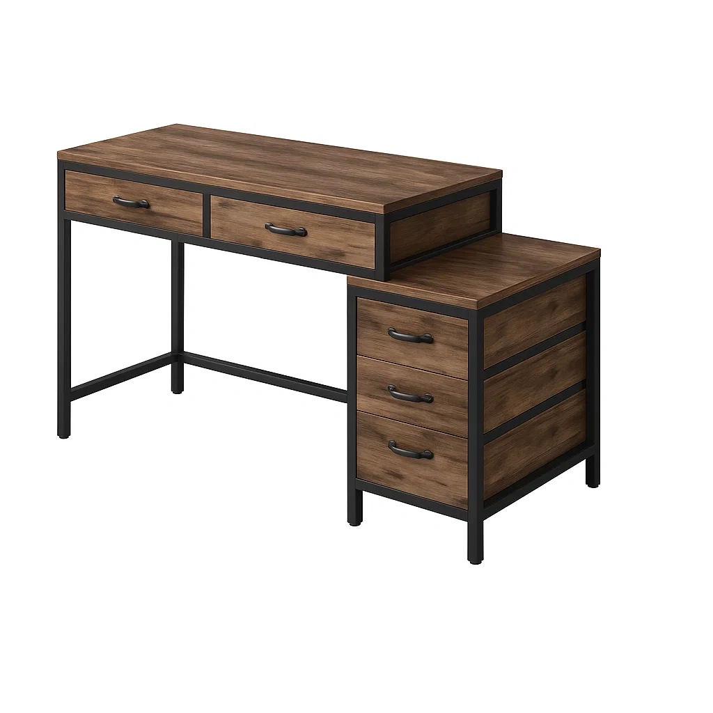 Bureau d'ordinateur à 5 tiroirs, 130 x 50 x 75 cm, marron et noir - qblmcVE299Gz