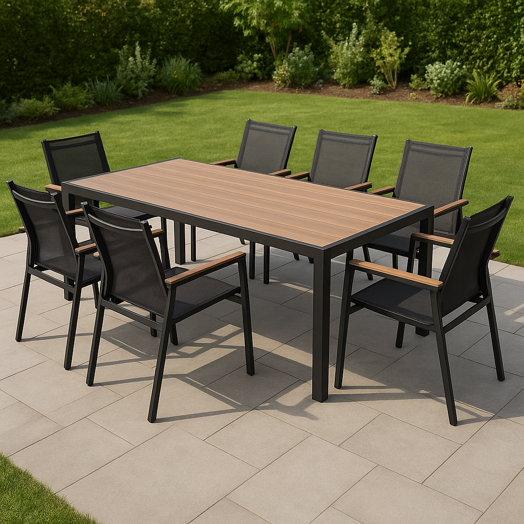 Ensemble de salle à manger (table et chaises) noir/bois, acier textilène, extérieur, 190 x 80 x 73 cm