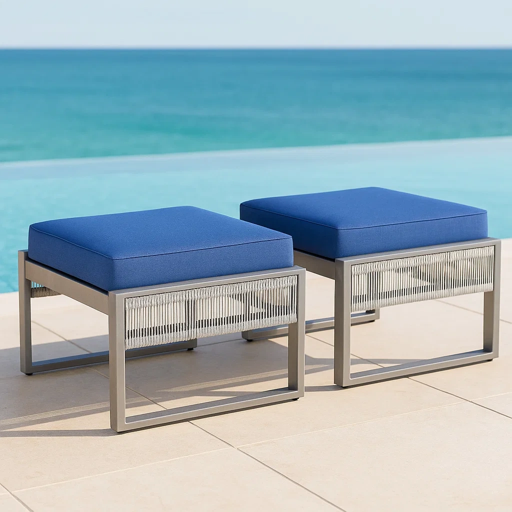 Tabouret d'extérieur, lot de 2 pièces avec coussins, bleu, acier et oléfine, pour jardin