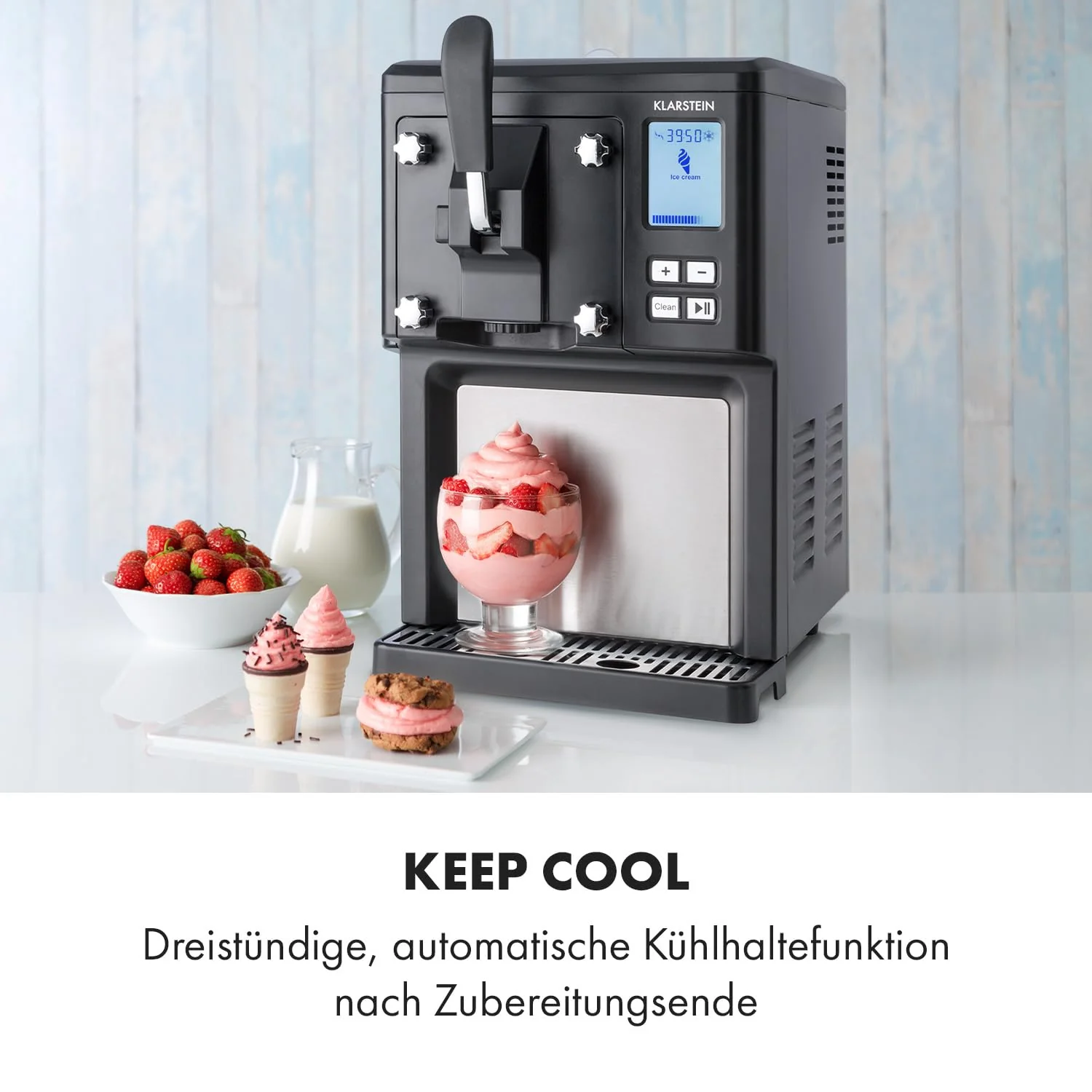 Klarstein Sweet Sundae Eismaschine 2025 – 1,5 l Kompressor mit Selbstkühlung. 200 W. Integrierter Spender. 3 Stunden Kalthaltefunktion. Automatische Reinigung. Edelstahl. Schwarz.