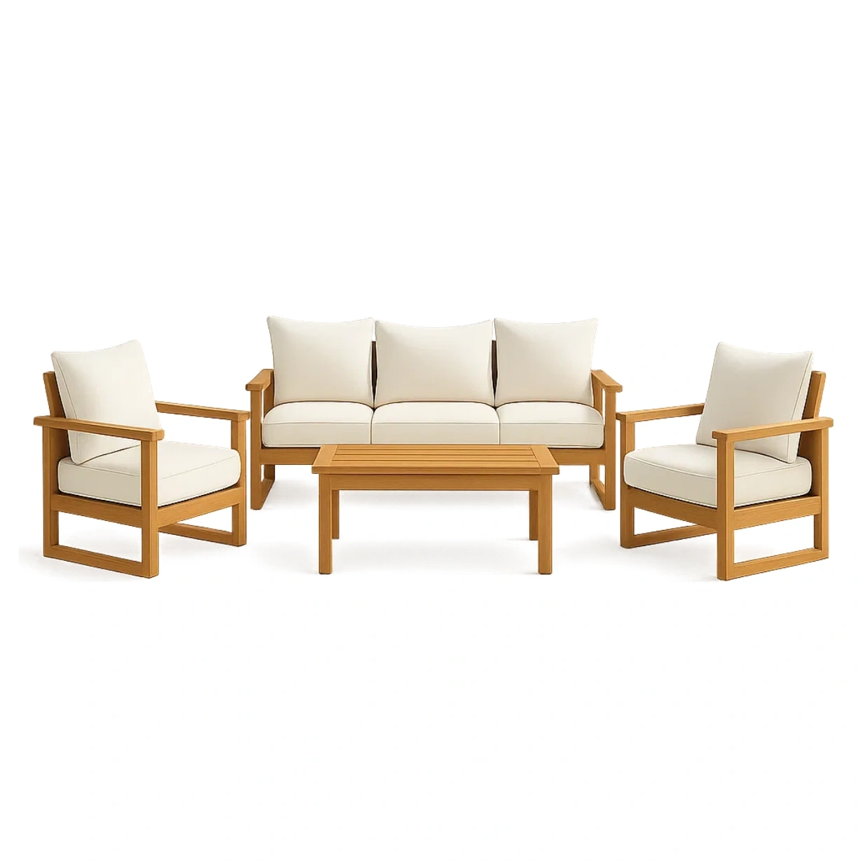 Ensemble de salon de jardin 5 pièces en teck naturel avec canapé 3 places, 2 fauteuils et table basse, coussins blancs, montage fixe. Dimensions : canapé 190 x 80 x 70 cm, fauteuils 80 x 80 x 70 cm, table 100 x 60 x 45 cm.