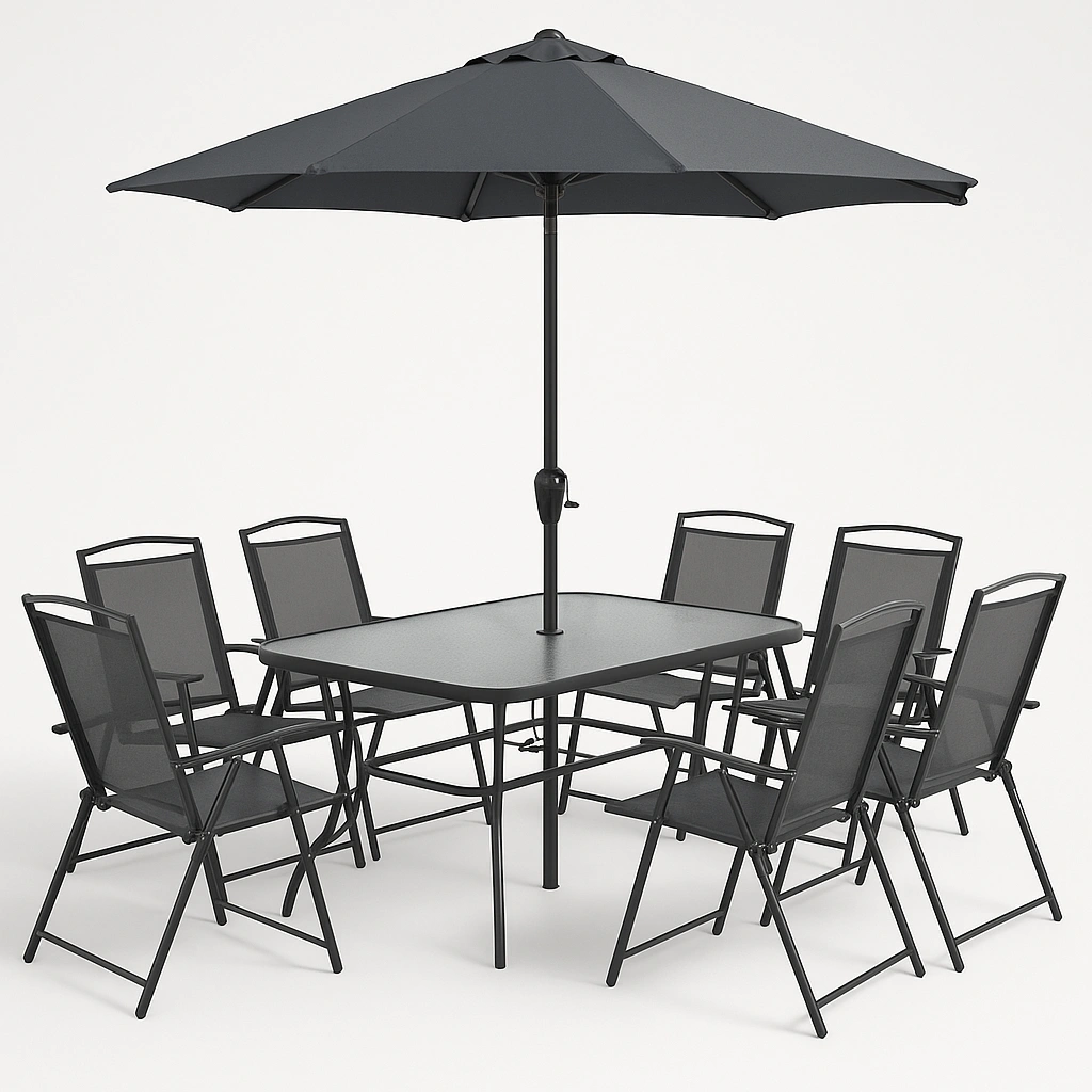 Ensemble de repas d'extérieur avec parasol, terrasse de jardin en textilene gris foncé