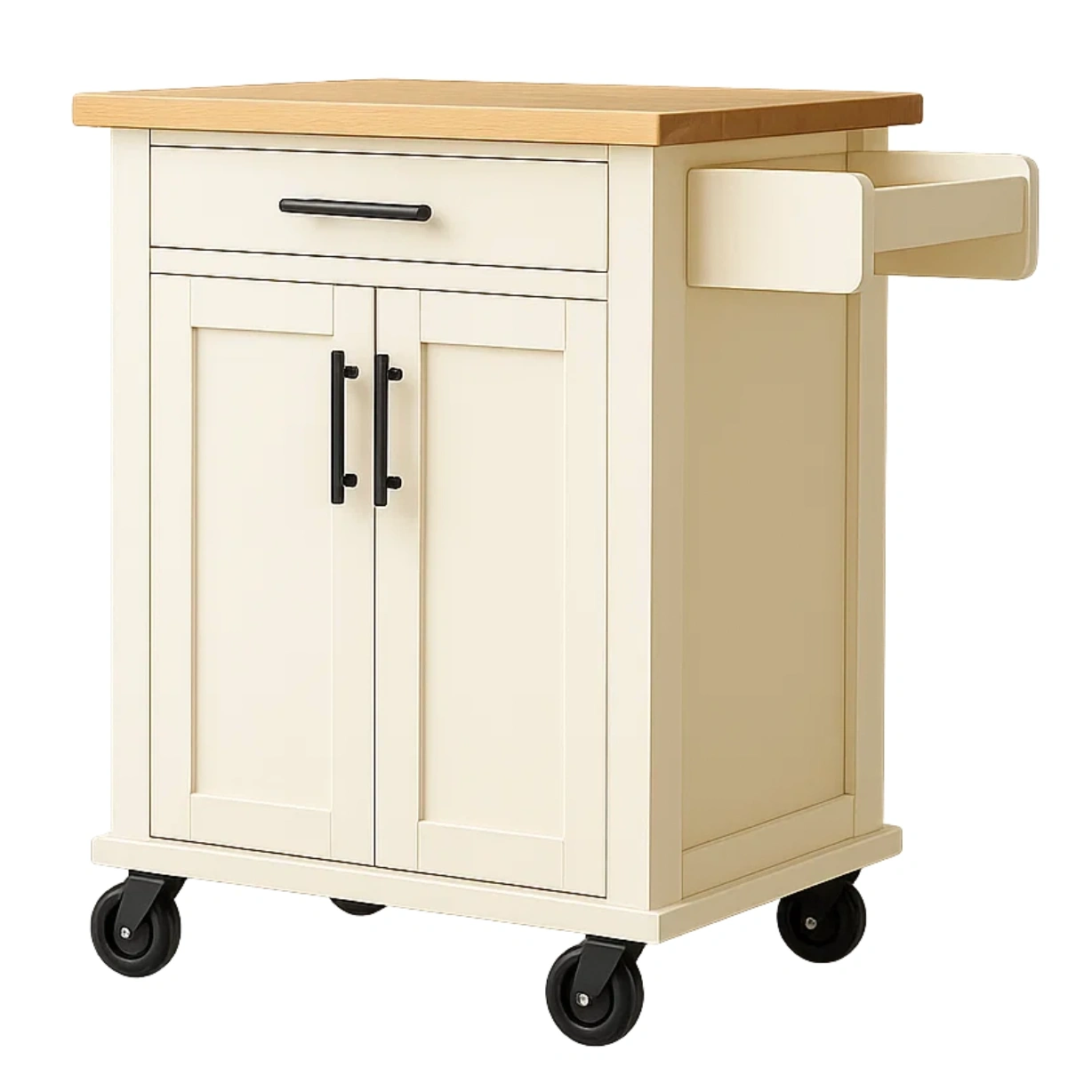 Îlot de cuisine compact et rectangulaire en MDF couleur crème, avec plan de travail en bois, tiroir, portes, roulettes et porte-serviettes. Dimensions : 67 cm de long, 45 cm de large et 88 cm de haut. Idéal pour une cuisine domestique. - yxs0dM3mYkkk