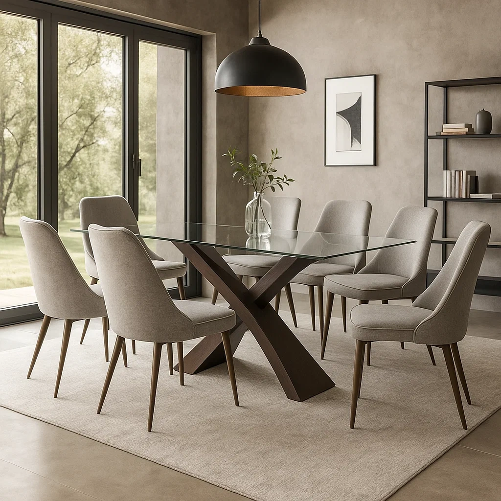 Ensemble de salle à manger, 7 places, bois et verre trempé, beige, rectangulaire, fixe, table 180x90x75 cm, chaise 45x55x85 cm, intérieur - f6gIf2Kdo8j1