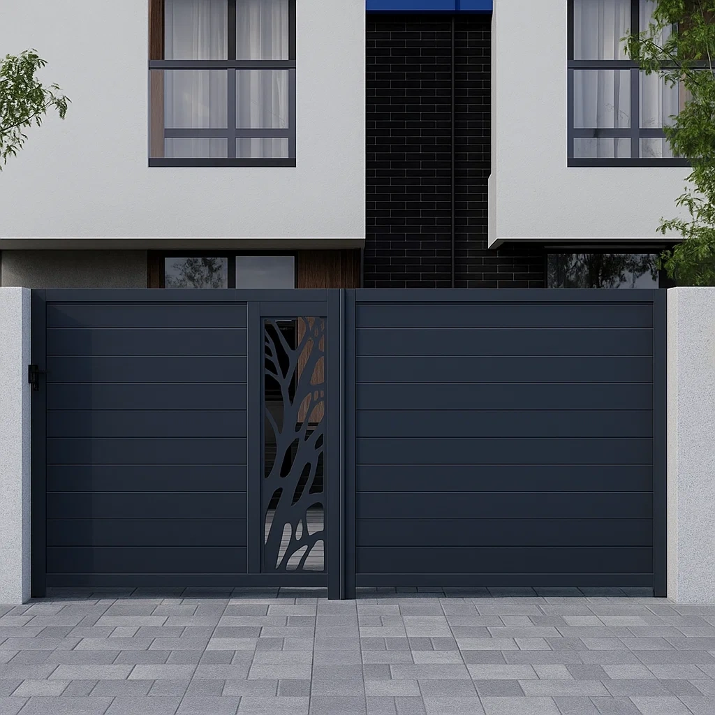 Portail coulissant sans moteur avec détails décoratifs - Gris anthracite - Aluminium - Extérieur - 400 × 4,5 × 187,3 cm - l1JvNoisE02G