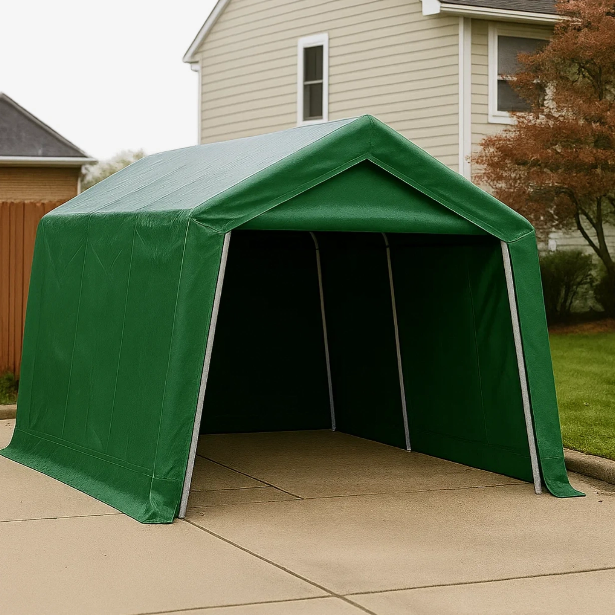 Abri de jardin rectangulaire à structure métallique, couleur verte, toit à deux pans, autoportant, dimensions 480 x 300 x 250 cm, idéal pour ranger véhicules et outils dans le jardin ou sur la terrasse.