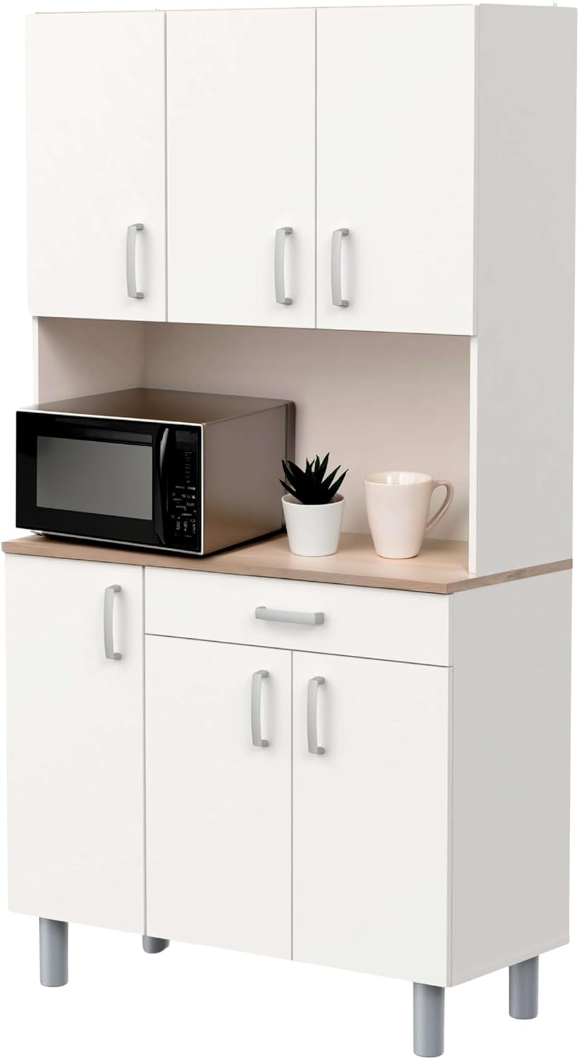 Miroytengo Küchenbeistellschrank, Küchenschrank, Buffet-Küchenschrank mit 6 Türen, Weiß und Eiche Kronberg, 101 x 185 cm