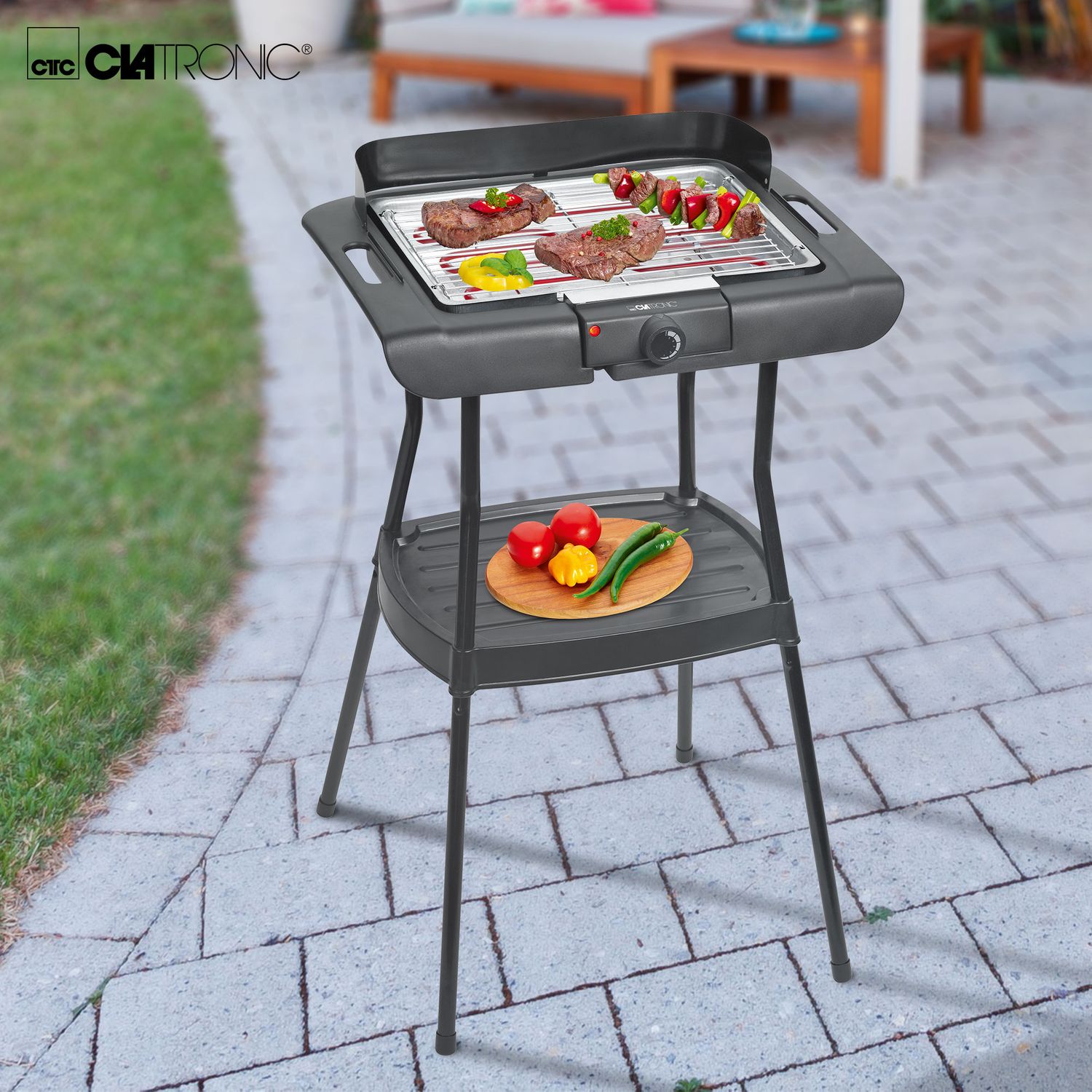Elektrischer Grill mit Füßen, verchromtem Grillrost, Temperaturregelung, für drinnen und draußen, Schwarz/Silber, 2000 W, Clatronic Bqs 3508