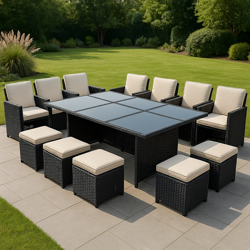 Ensemble repas d'extérieur + table rectangulaire avec fauteuils et tabourets + noir/beige + rotin PE + usage intérieur/extérieur - PZDrnhZ440tk