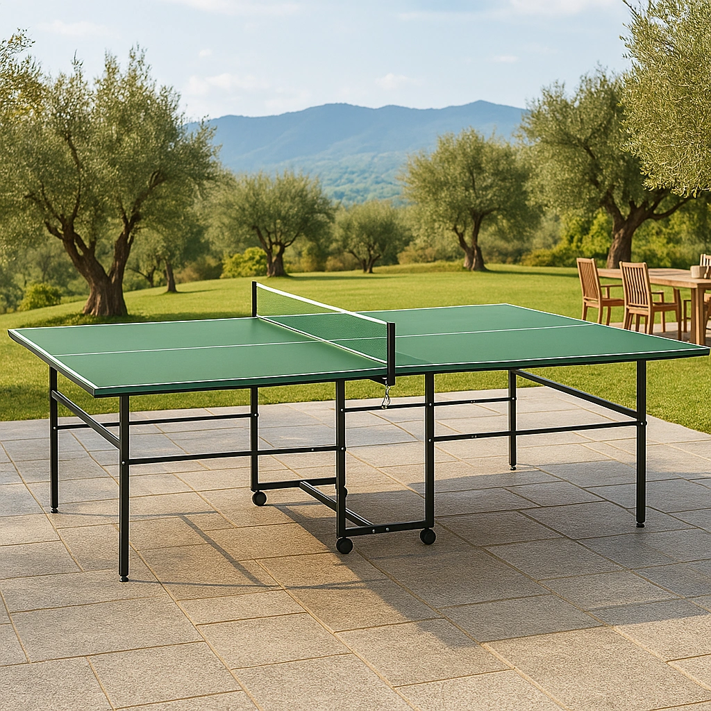 Table de ping-pong verte avec cadre en métal noir pour une utilisation intérieure et extérieure, 274 x 152,5 x 76 cm