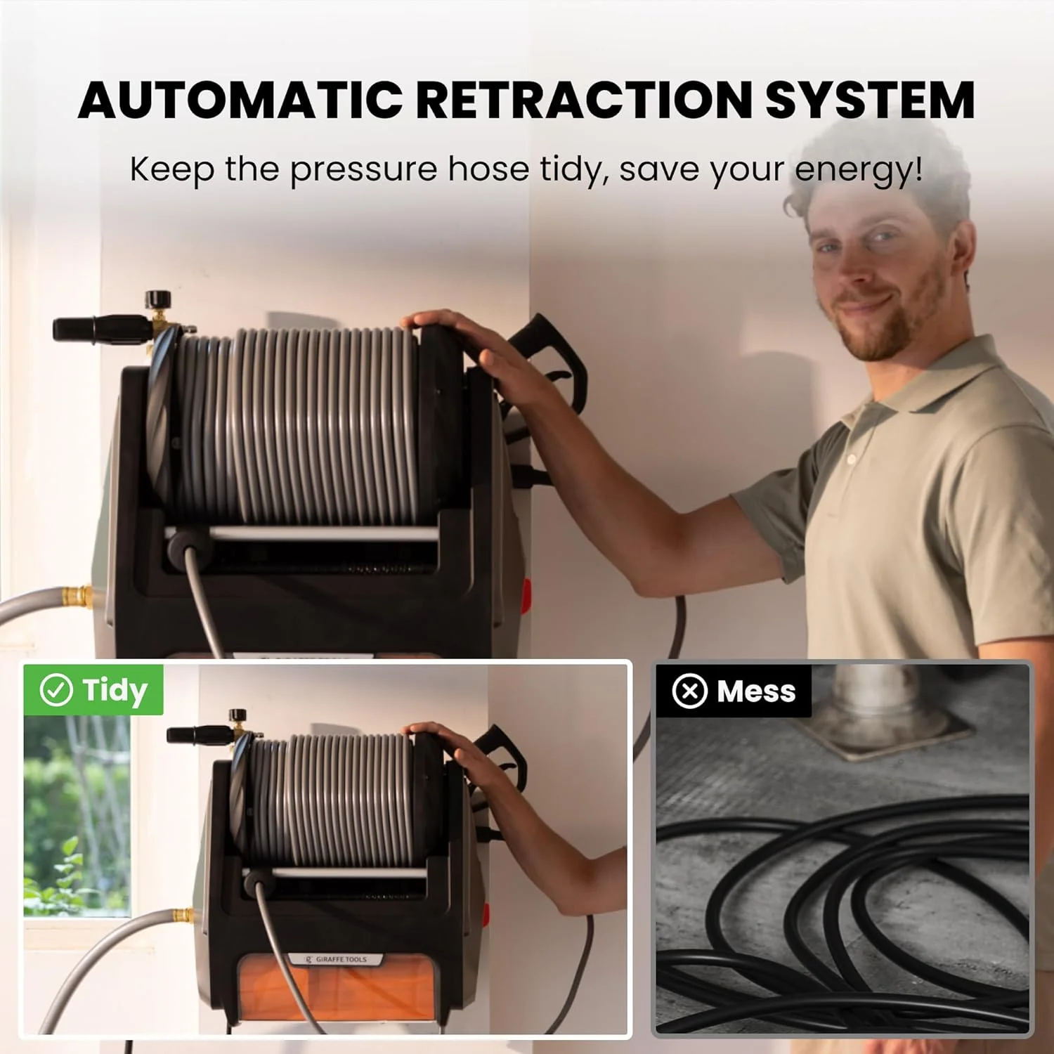 Giraffe Tools Grandfalls Wand-Hochdruckreiniger – 2900 PSI. 2,2 GPM. 31 m einziehbarer Schlauch. Schaumkanone. 4 Schnellanschlussdüsen.