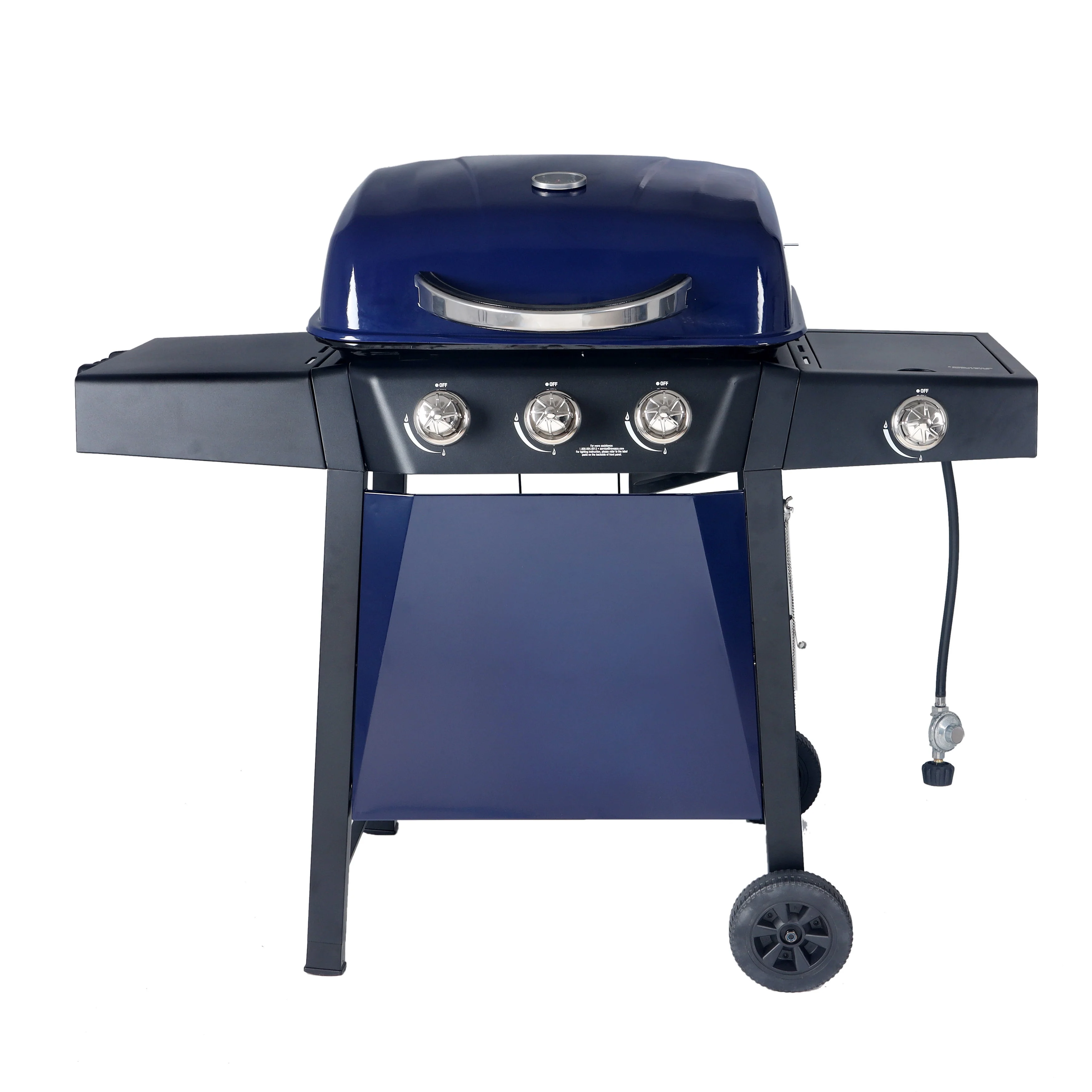 RevoAce 3-Flammen-Gasgrill mit Seitenbrenner (Modell GBC1729WBS). Farbe: Saphirblau. Neu.