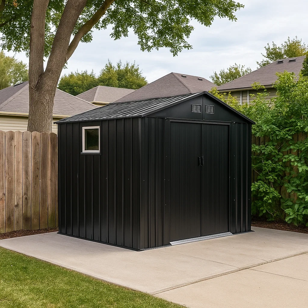 Abri de jardin rectangulaire en métal noir, à toit en pente, fixation fixe, 210 x 175 x 195 cm, pour usage extérieur - CA9FTGCpG1GH