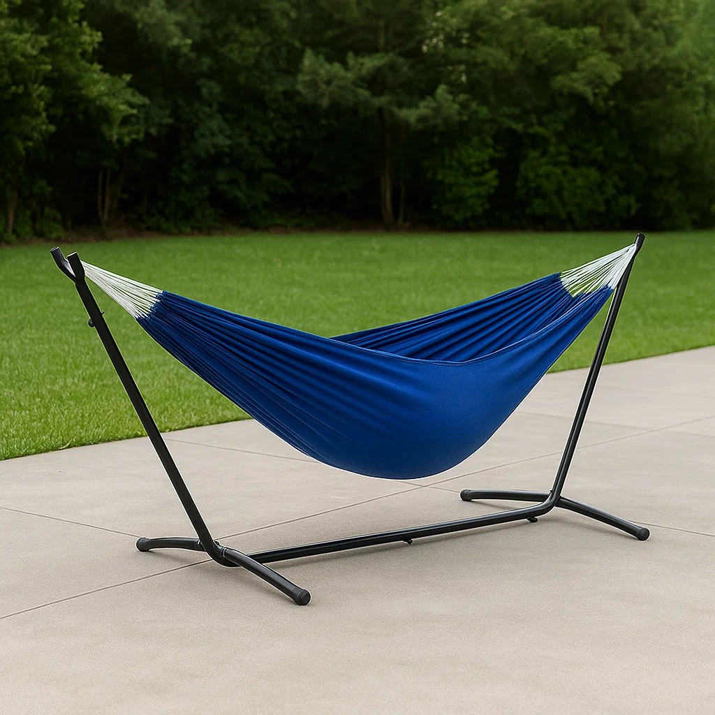Hamac de jardin bleu en coton avec armature métallique, pour usage extérieur, 300 x 109 x 99 cm