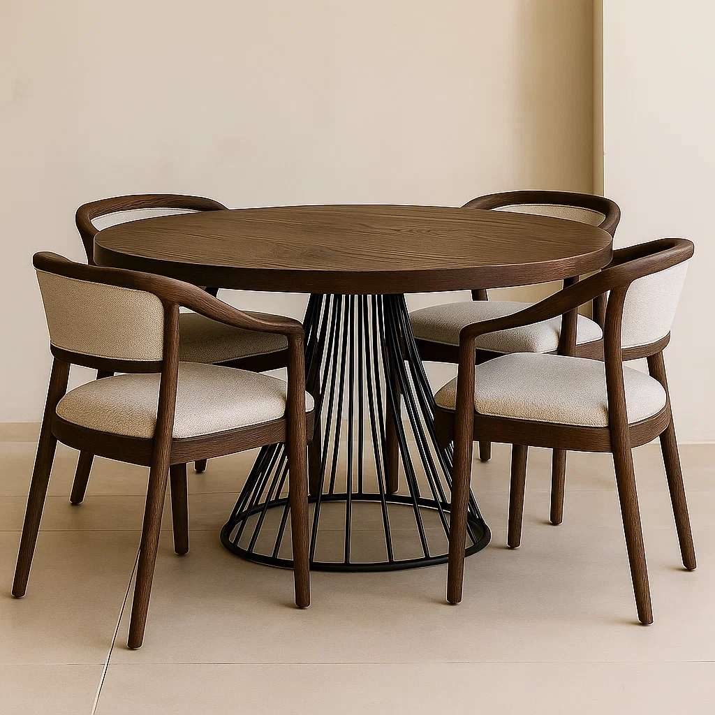 Ensemble de salle à manger 4 places, bois et métal, marron et beige, rond, avec chaises rembourrées, diamètre 120 x 75 cm, salle à manger - R4dmUIsdOpka