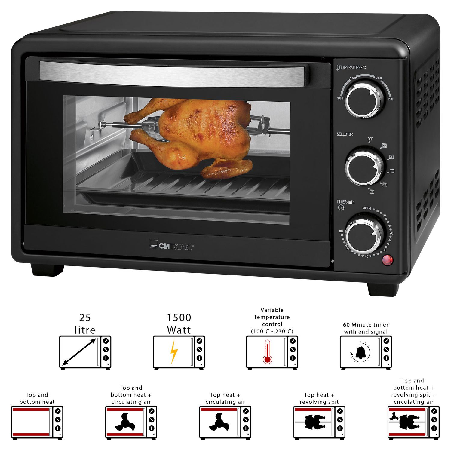 Tisch-Konvektionsofen, 25 l, Drehspieß, Grill, 6 Programme, 60-Minuten-Timer, Schwarz, 1500 W, Clatronic MBG 3727