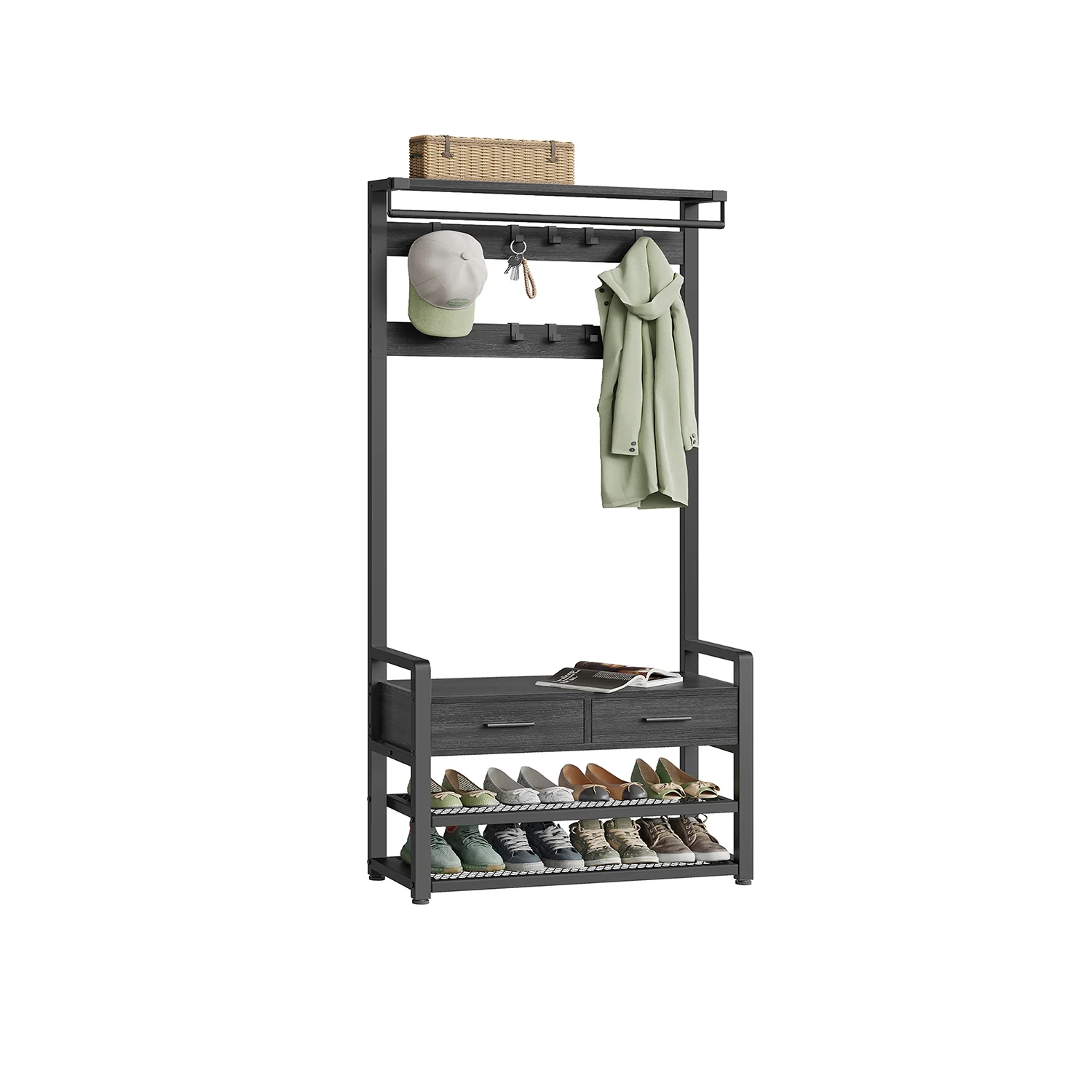 Garderobenständer für den Flur mit abnehmbaren Haken, Schubladen und Schuhbank