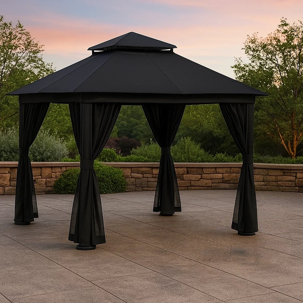 Kiosque rectangulaire en métal noir, toit à quatre pans, installation fixe, 300 x 200 x 280 cm, pour jardin, terrasse ou patio. - wxR54lLbG37i