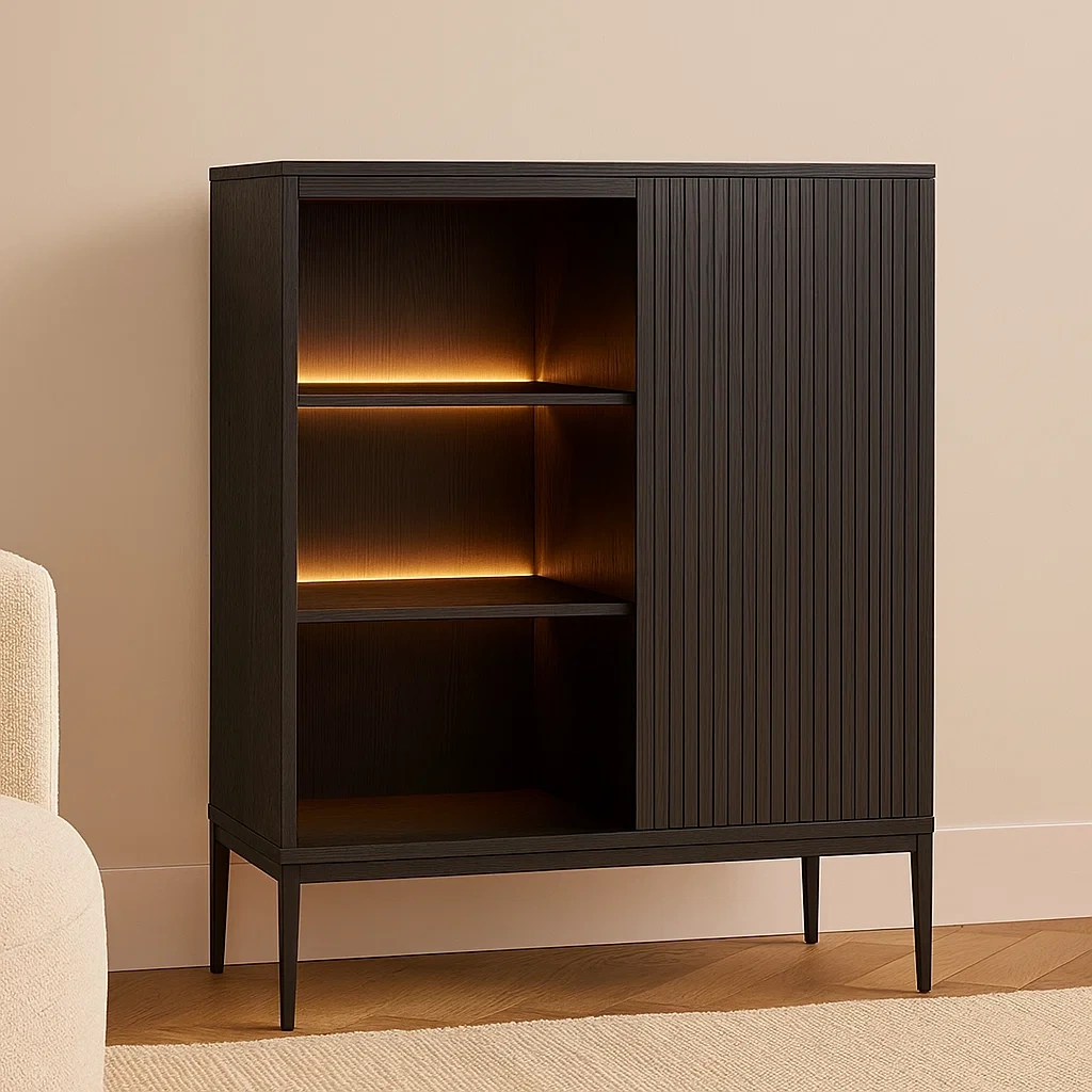 Vitrine avec porte en bois, 3 étagères en MDF avec éclairage LED, marron foncé, autoportante, pour salon ou salle à manger, 90 x 35 x 130 cm - 3uSiOUXOHkMC