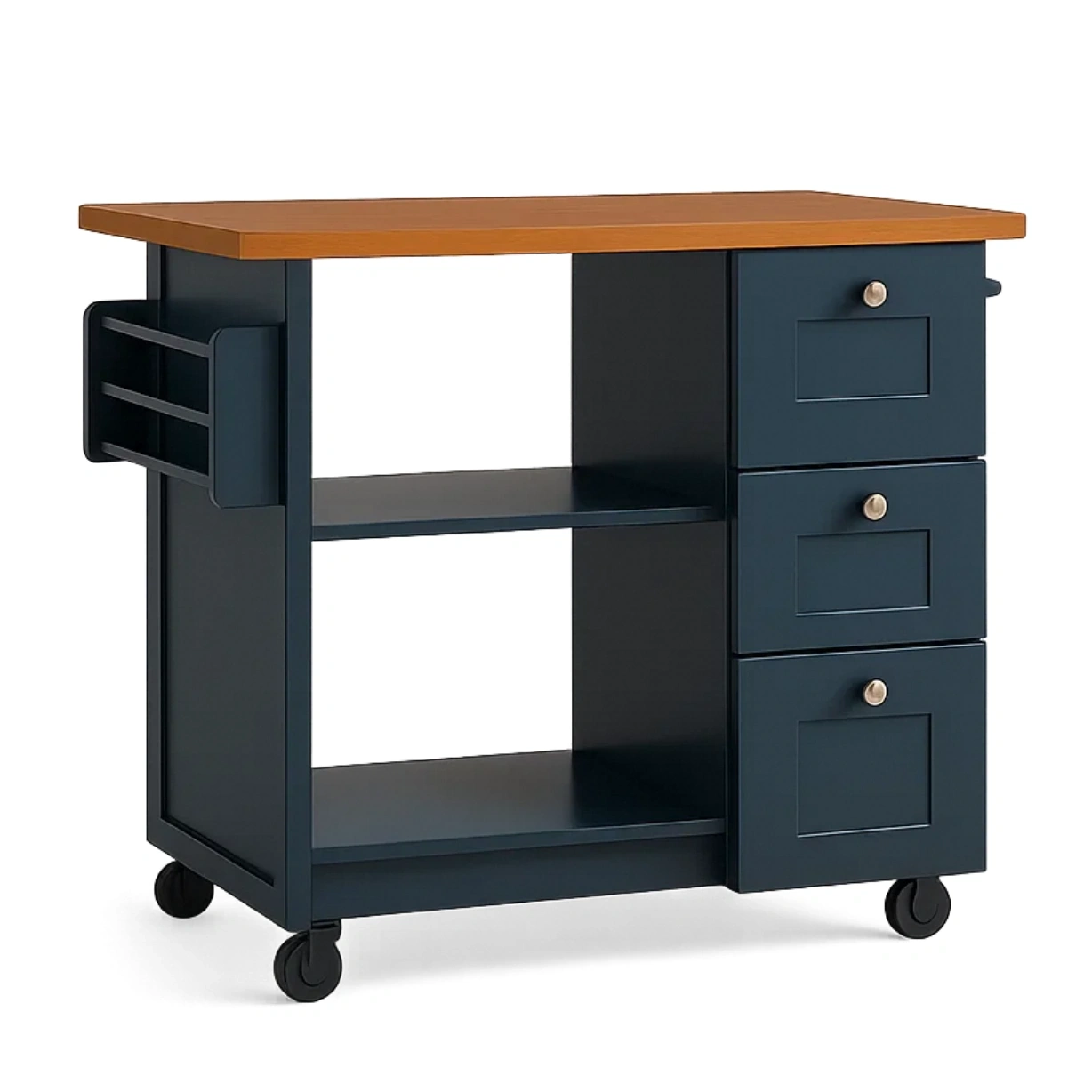 Îlot de cuisine rectangulaire avec étagères et tiroirs, en bois bleu et naturel, sur roulettes, 120 x 60 x 90 cm, pour cuisine domestique - km0AjGvoRLSb