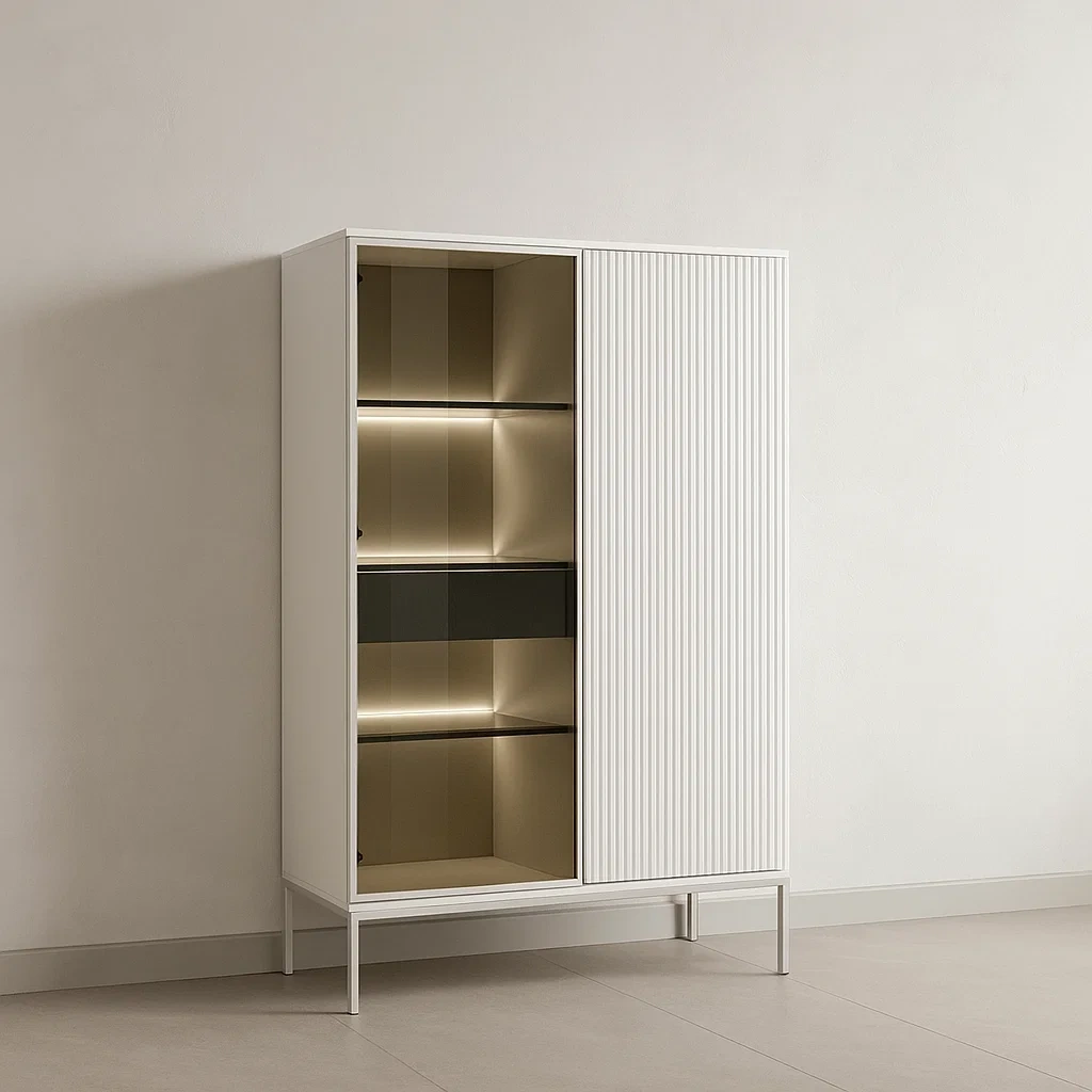 Vitrine beige avec tiroir et compartiments en MDF, mélaminé et verre trempé pour usage intérieur, 103,5 × 39 × 165,5 cm - mVy1pmKXzwvt