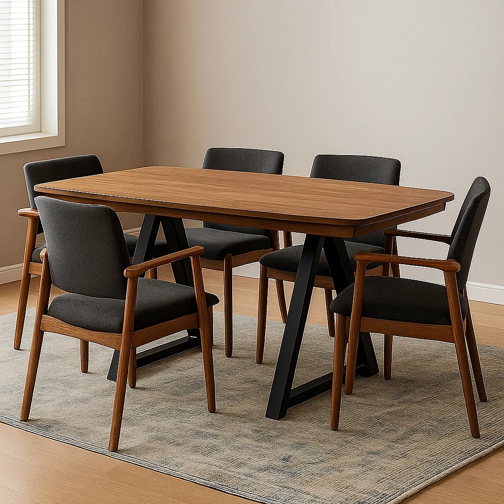 Ensemble de salle à manger 5 places, bois et tissu, marron et noir, rectangulaire, fixe, table 160 x 85 x 75 cm, chaise 50 x 55 x 80 cm, intérieur - sJaTG5vphvih