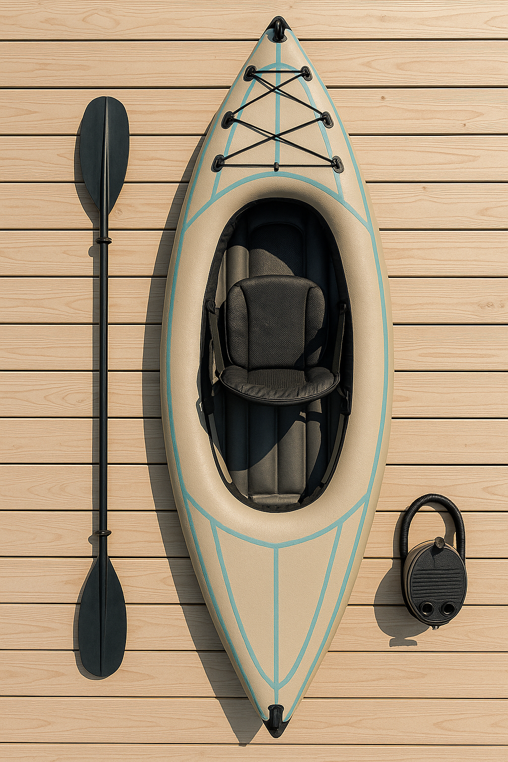 Kayak gonflable monoplace en PVC beige/noir, facile à monter, pour lac, rivière ou plage, dimensions : 298 x 76 x 31 cm (LyLsDgQ489FY)