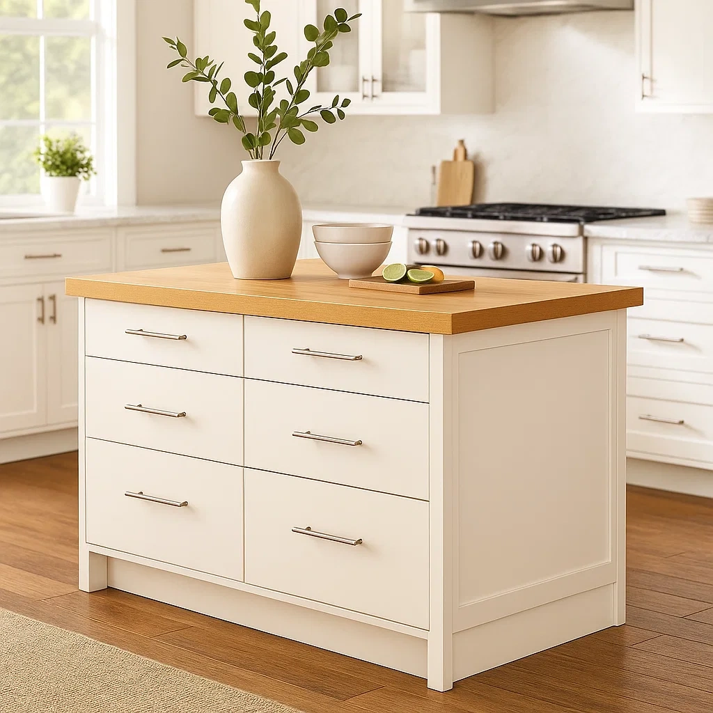 Îlot de cuisine rectangulaire avec tiroirs en MDF, coloris blanc ivoire, plan de travail effet chêne, pose libre, 120 x 60 x 90 cm, usage domestique - mYlhrmGyyDp7