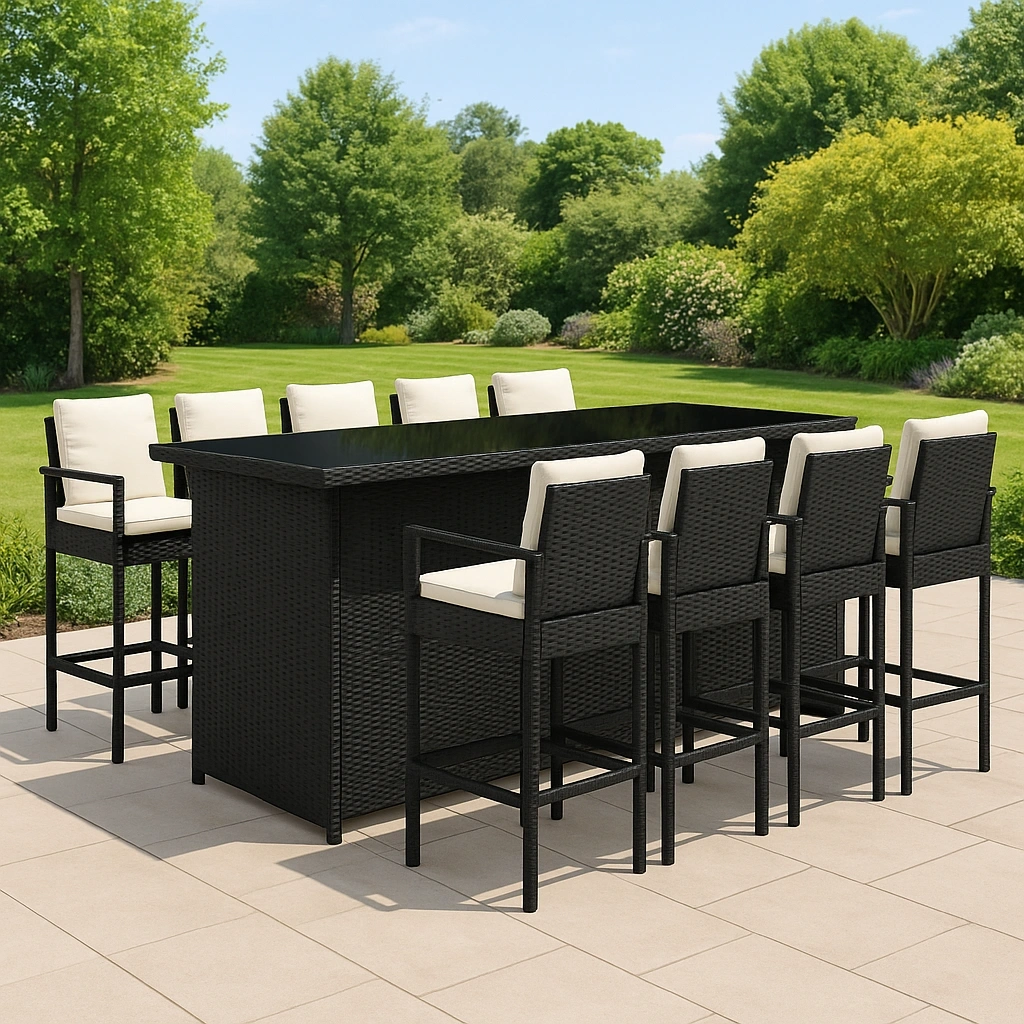 Ensemble de mobilier de bar d'extérieur noir avec coussins en rotin synthétique crème pour jardin - tSpXnFz426aH
