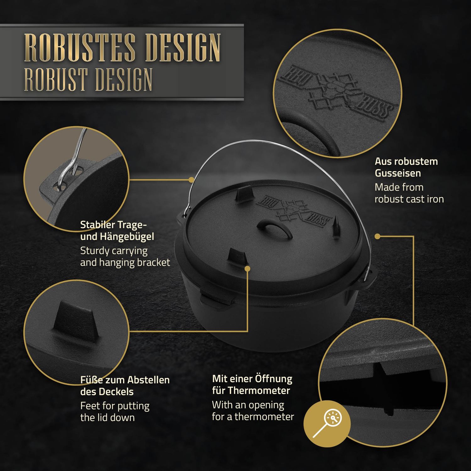 Dutch Oven Set BBQ 13.6L Schwarz mit Deckelheber und Grillrost #boss