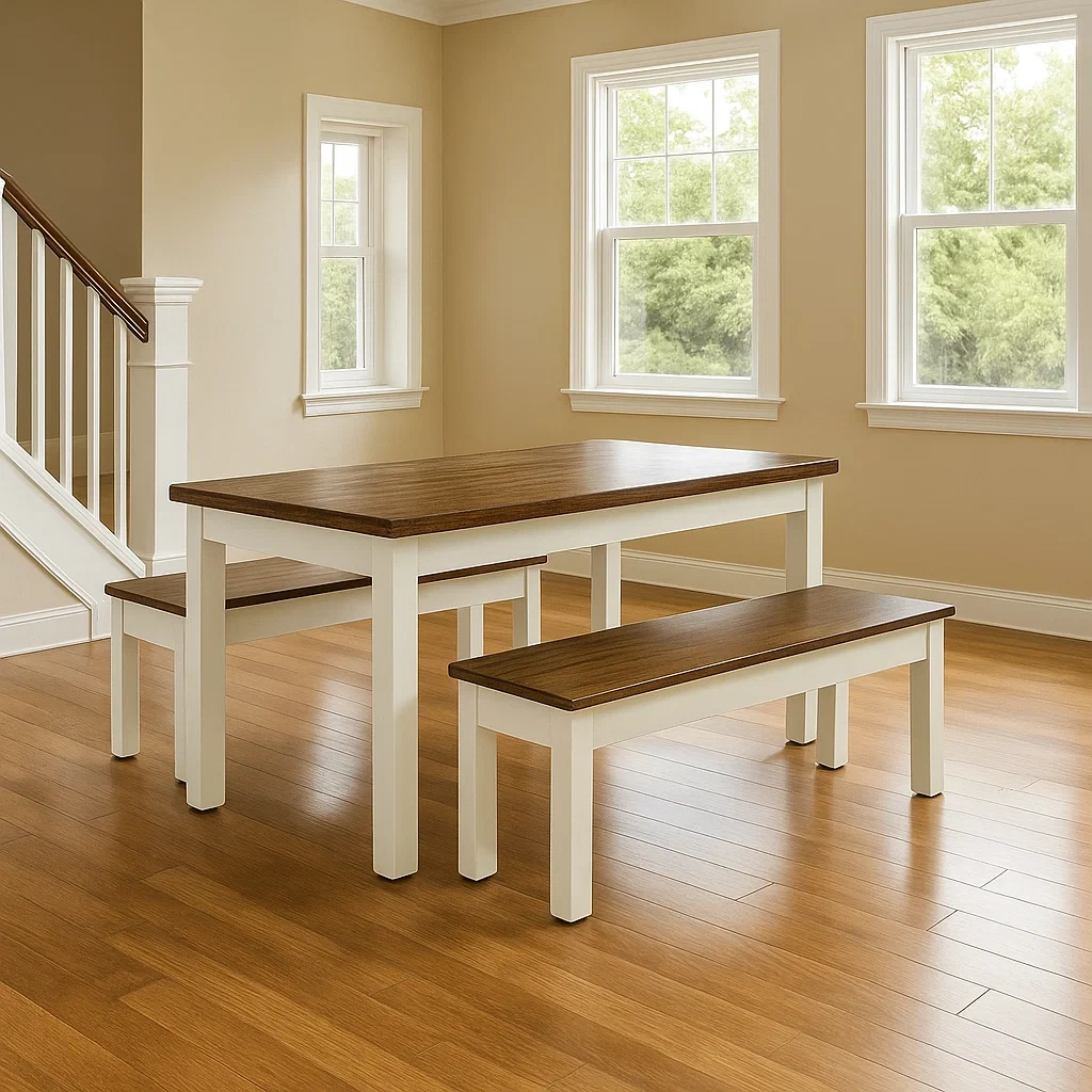 Ensemble table et chaises de salle à manger, comprenant une table et deux bancs, en bois marron, idéal pour une salle à manger.