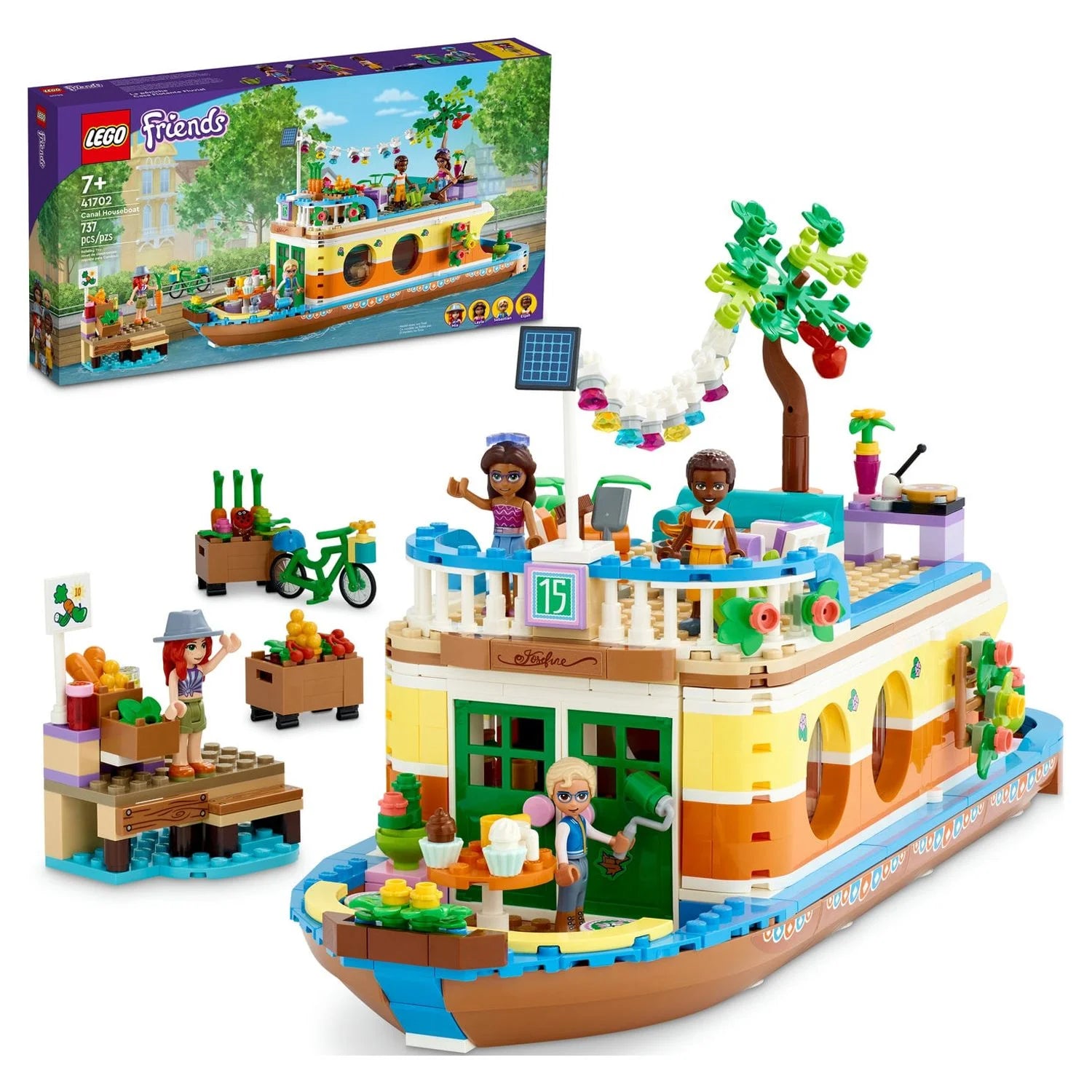 LEGO Friends Hausboot auf dem Kanal 41702 Bauset; Enthält 4 Spielfiguren, darunter Mia, und 1 Spielzeugtier; Geburtstagsgeschenk für Kinder ab 7 Jahren (737 Teile)