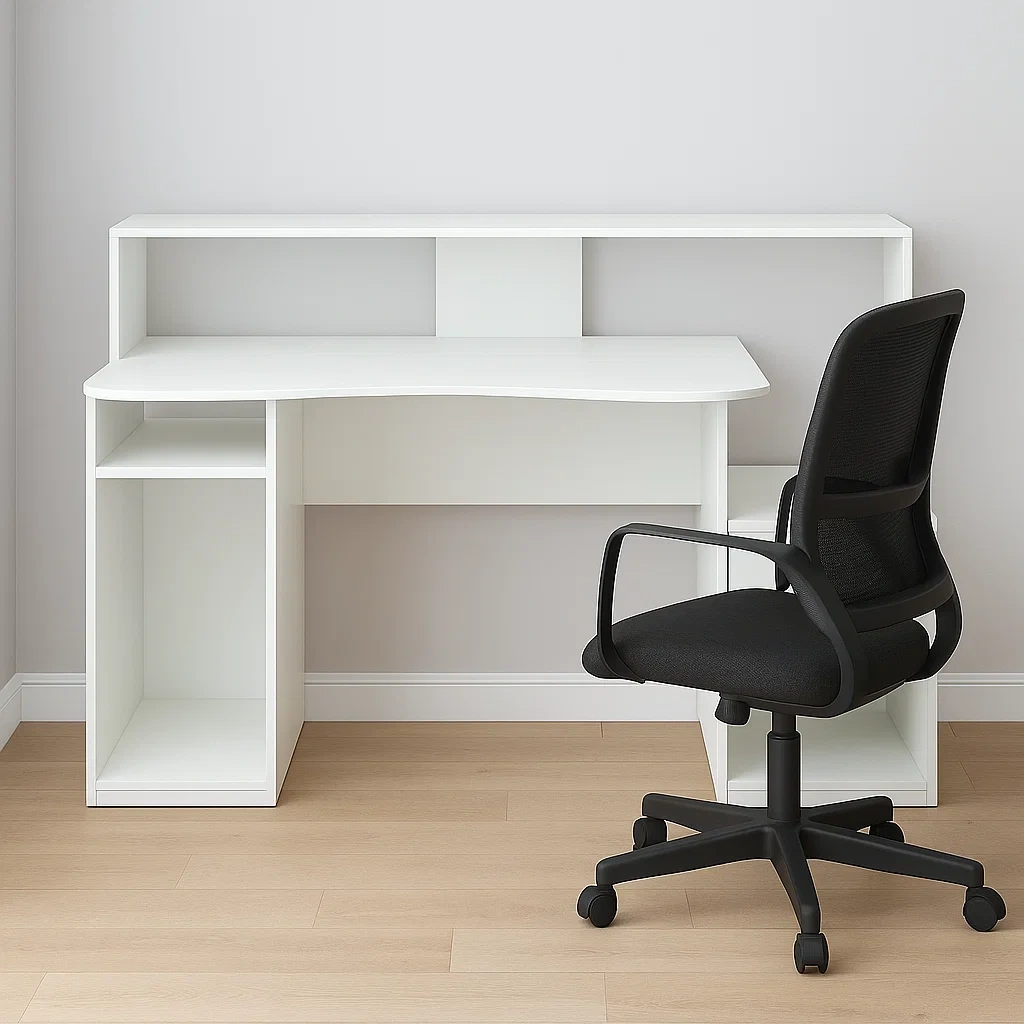 Bureau d'ordinateur en bois et métal, noir et blanc, avec étagères et chaise pivotante, 150 x 60 x 90 cm, pour le bureau et la maison - iMCOiVWnBCVz