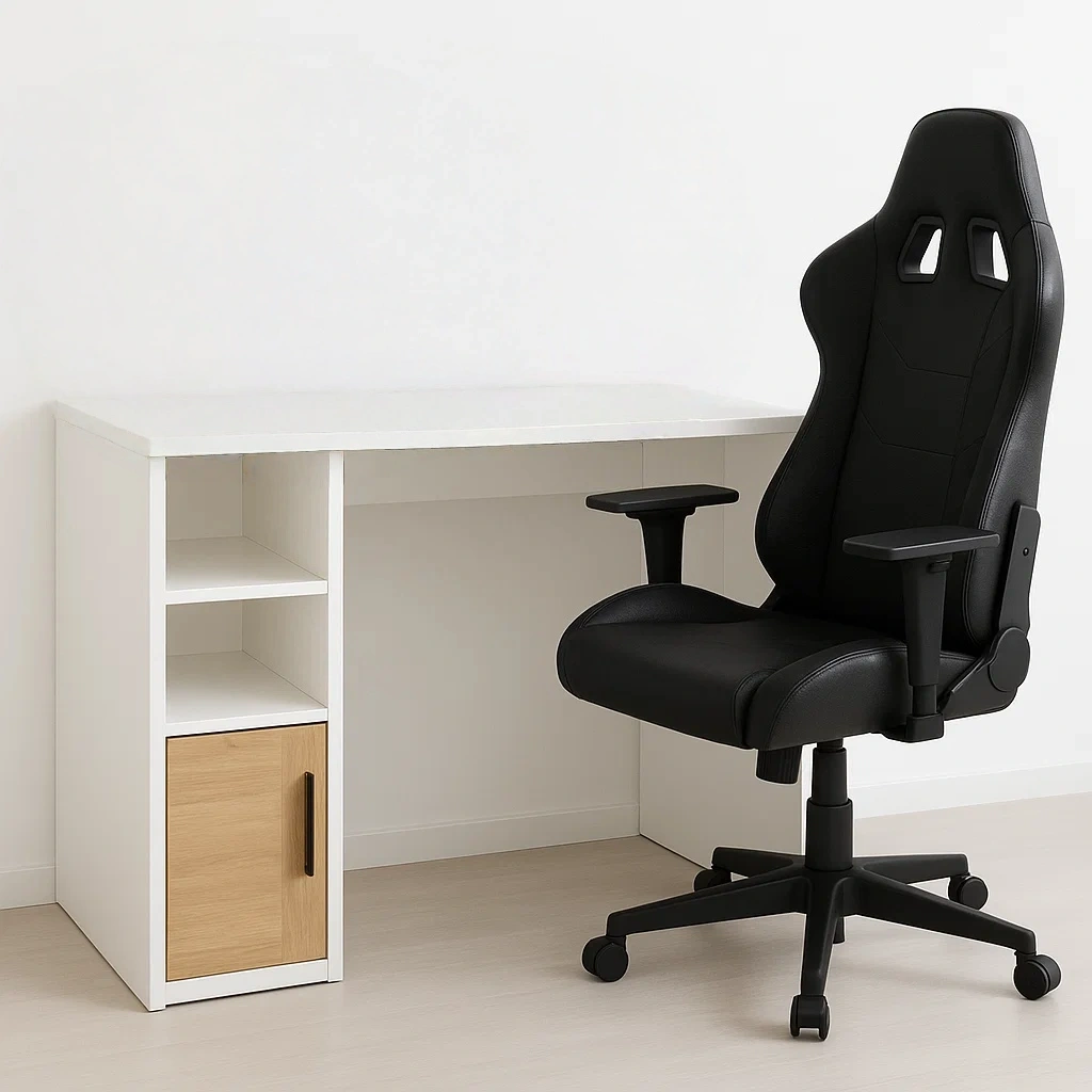 Bureau d'ordinateur en bois blanc avec détails en bois clair, avec chaise de bureau ergonomique noire, 120 x 60 x 75 cm - GMUNp7DyhoYm