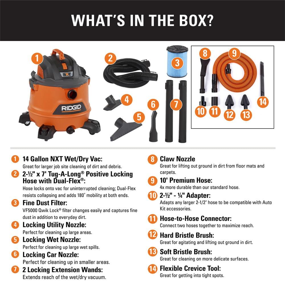 2025 14 Gal / 6.0 Peak HP NXT Nass-/Trockensauger mit Premium-Auto-Set – RIDGID HD1401