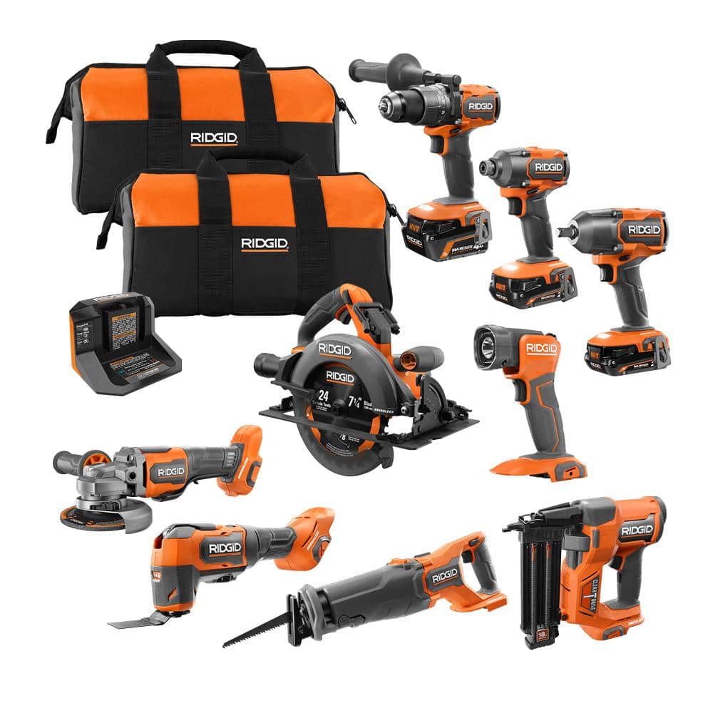 RIDGID 18V Akku-Werkzeugset (9-teilig) mit bürstenlosem Motor, 2025, inklusive zwei 2,0-Ah-Akkus, einem 4,0-Ah-Akku, Ladegerät und Werkzeugtasche (Artikelnummer: R96265N).
