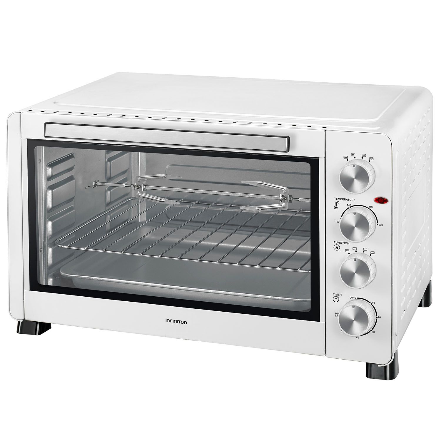 Infiniton HSM-A60B – Tischbackofen, Weiß, 60 l, 2500 W, Konvektion, Bräterfunktion, Drehspieß, Doppelverglasung, Innenbeleuchtung, 60-Minuten-Timer.