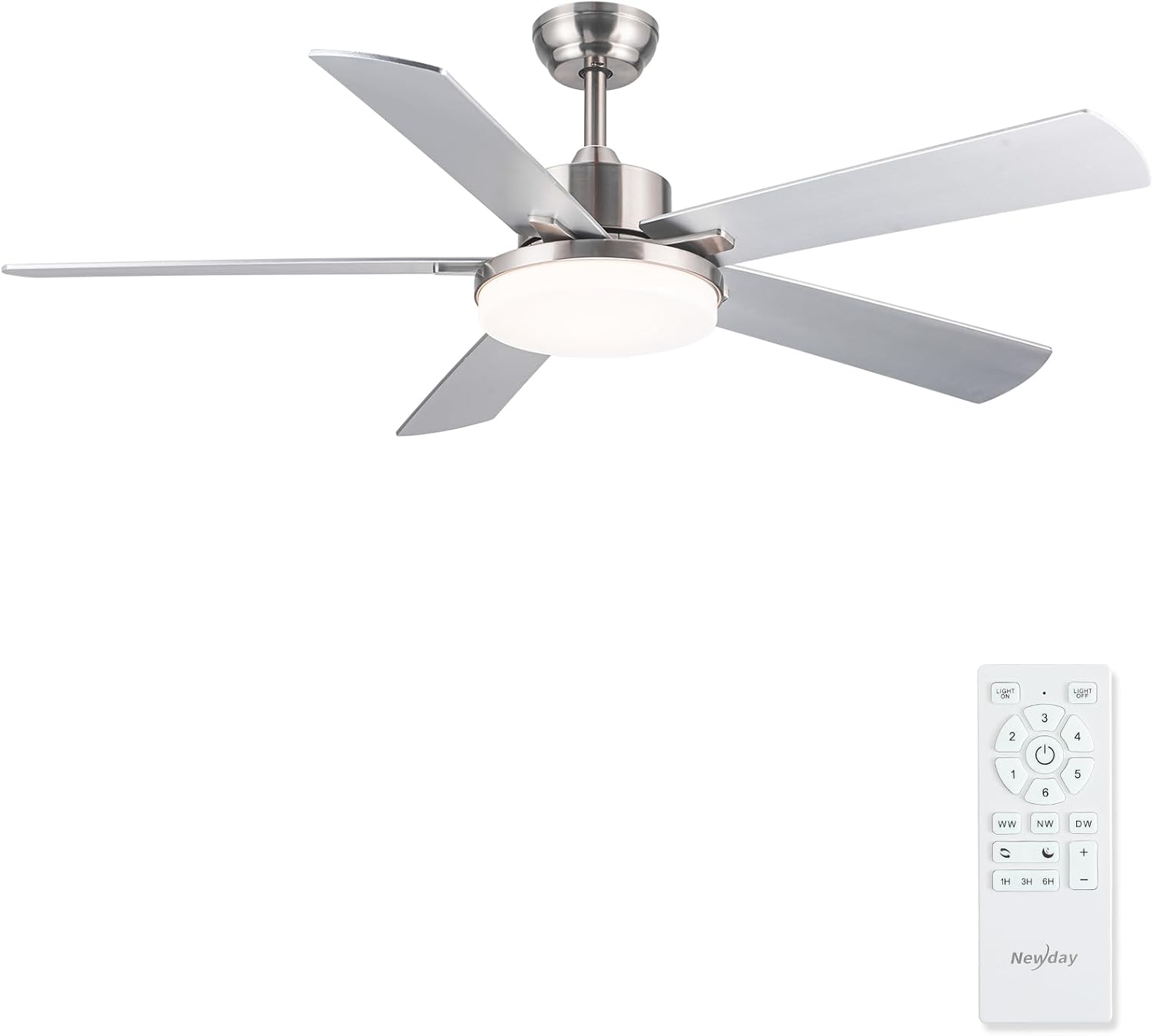Newday Deckenventilator, 153 cm, mit Licht und Fernbedienung, 5 große weiße Flügel, leiser Gleichstrommotor, LED-Dimmer für Wohnzimmer und Schlafzimmer