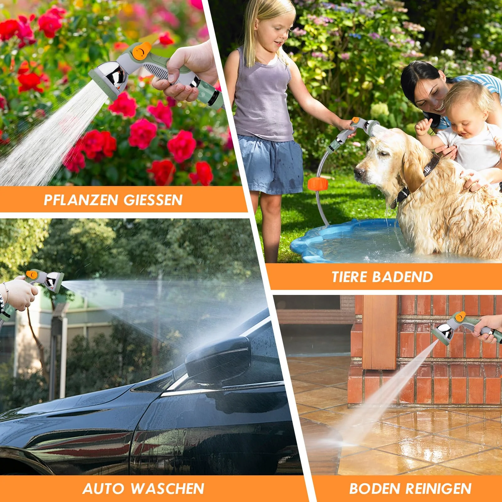 Wandmontierte, ausziehbare Schlauchtrommel 2025. 38 m + 2 m Gartenschlauch mit 10-Funktions-Spritzpistole. Langsamer Einzug. Arretierbar in jeder Länge. 180° drehbare Halterung.