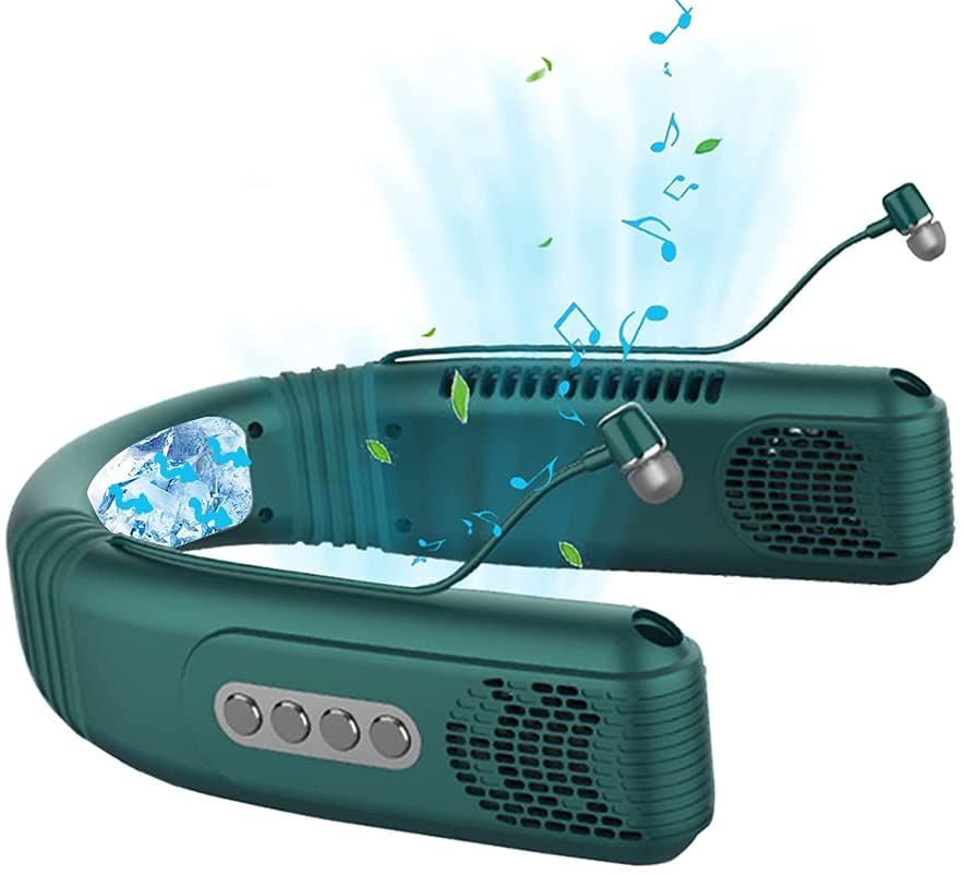 AQUYY Geräuschloser Nackenventilator mit kabellosen Bluetooth-Kopfhörern, USB-aufladbar, klingenlos, Mini-tragbarer Halbleiterkühler mit 3 Geschwindigkeitsstufen, freihändig, zum Laufen, Camping, Reisen – Grün (für Damen und Herren)