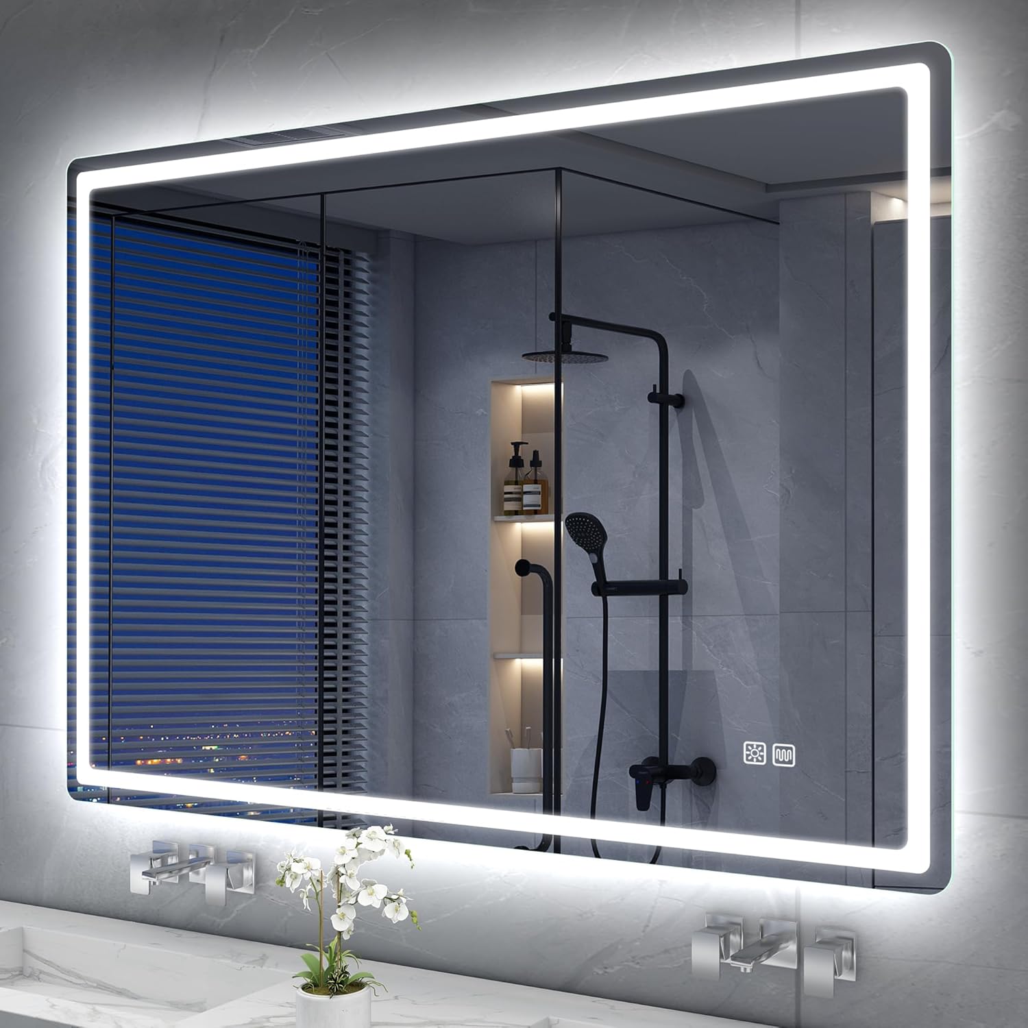 S'bagno Badezimmerspiegel mit Beleuchtung, 120 x 70 cm, LED-Badezimmerspiegel mit Bluetooth und Antibeschlagfunktion, 3000 K/4000 K/6500 K, dimmbar, Memory-Funktion, HD-Sicherheitsglas, Schutzart IP44 – Badezimmerspiegel mit LED-Beleuchtung, horizont