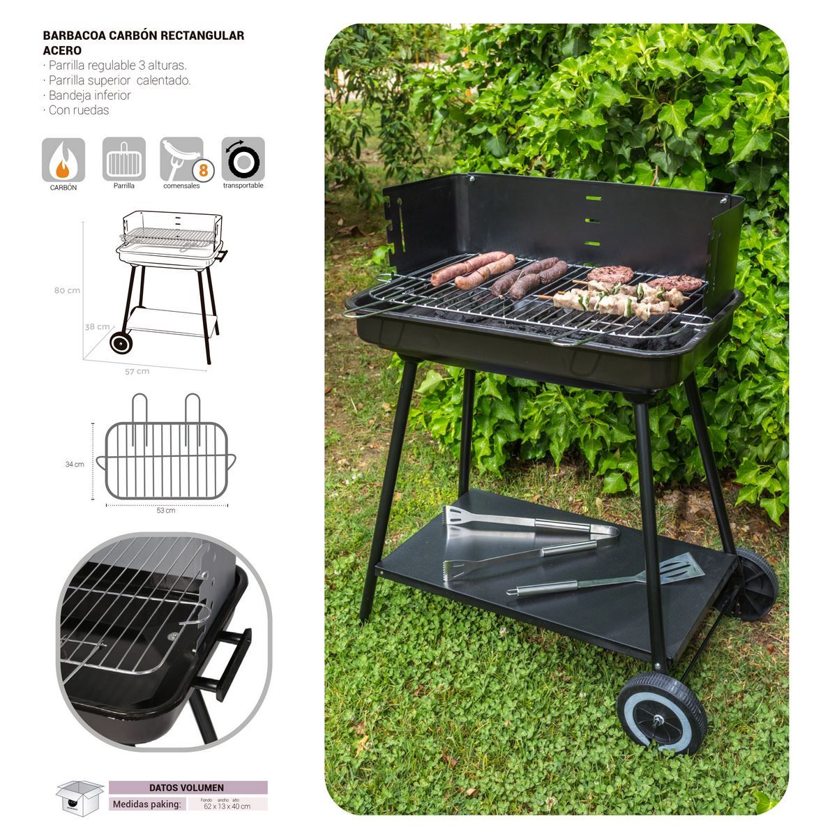 Lolahome Holzkohlegrill mit Stahlrost, 57 x 38 x 80 cm, Schwarz