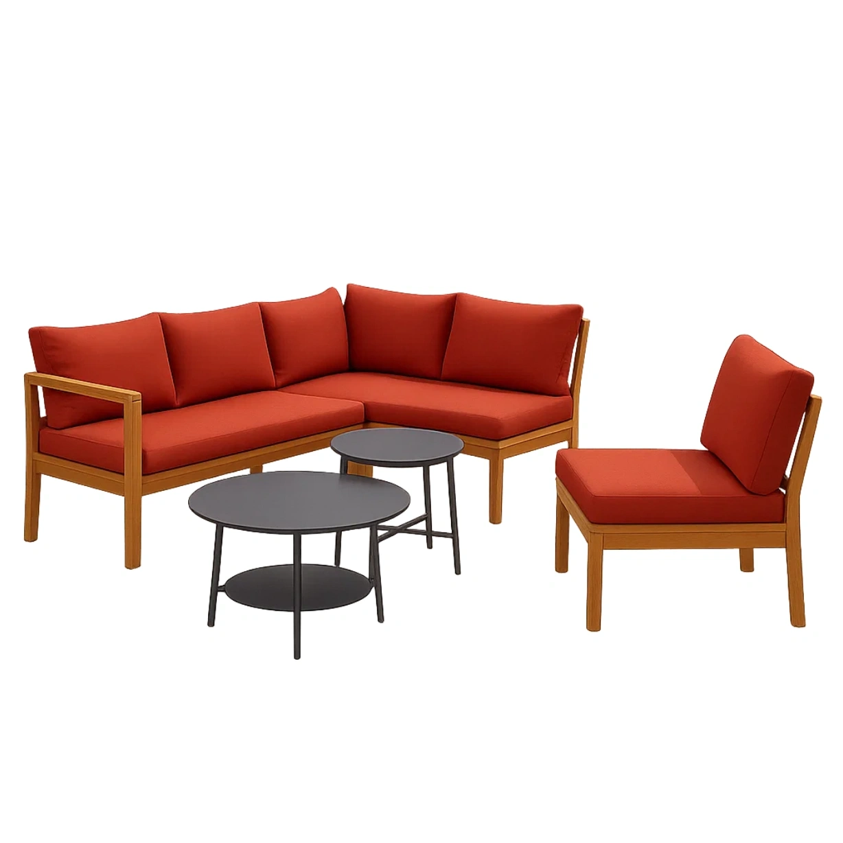Ensemble de salon de jardin 4 pièces avec structure en bois naturel, coussins rouges, table ronde 60x45 cm, canapé 150x80x70 cm, fauteuil 60x60x70 cm, table d'appoint 30x40 cm - czXEssnJaDls