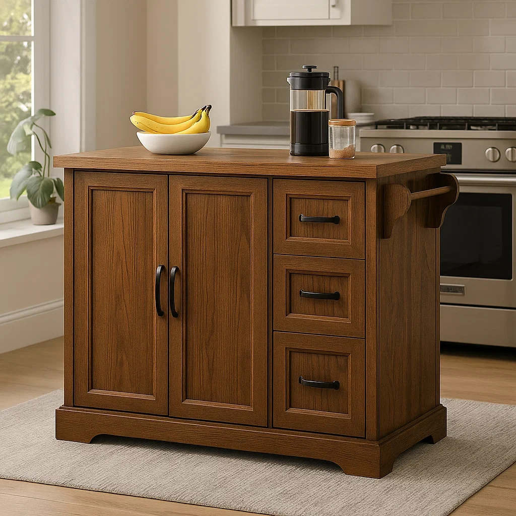 Îlot de cuisine rectangulaire avec tiroirs et portes en bois, couleur naturelle, autoportant, 120 x 60 x 90 cm, pour cuisine domestique - AUXbIYpSWxym