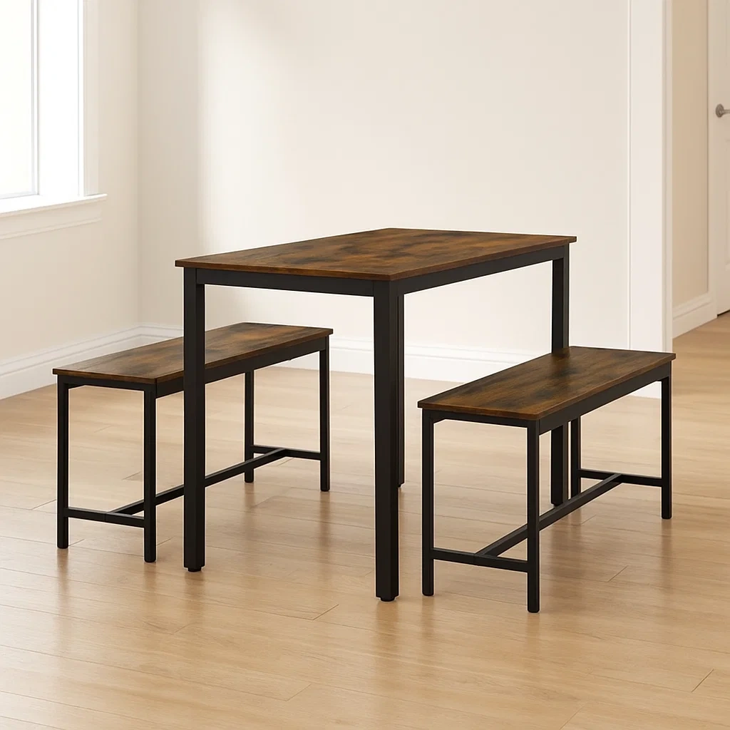 Ensemble table et chaises de salle à manger, comprenant une table et deux bancs, marron, bois et acier, idéal pour une salle à manger.