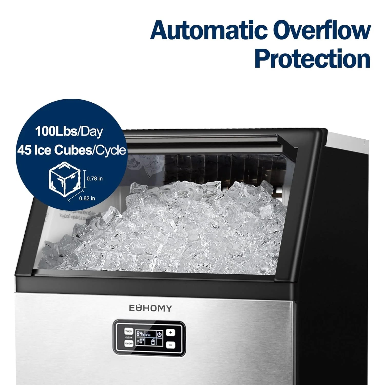 EUHOMY Gewerbliche Eismaschine 2025. 45 kg/24 h. Unterbaugerät aus Edelstahl.
