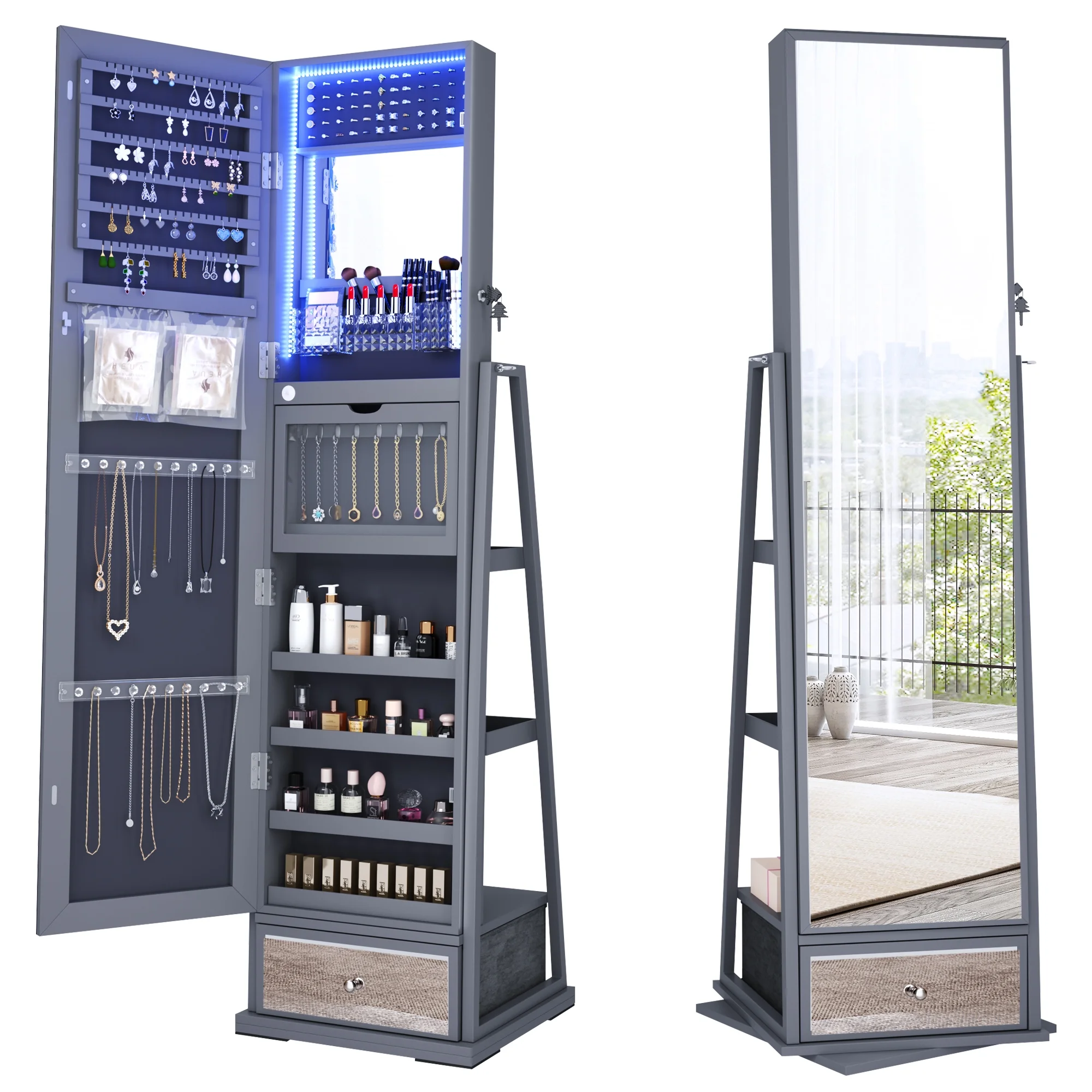 FREDEES Schmuckkästchen mit Spiegel und Beleuchtung: Organizer aus Holz mit Ganzkörperspiegel für Damen. Elegante graue Farbe.