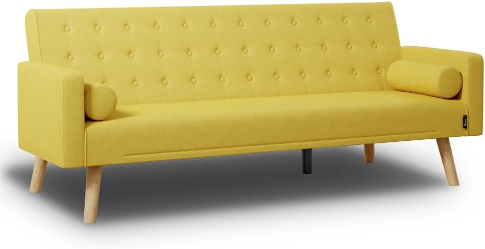 Nalui – 3-Sitzer-Schlafsofa, gepolstert, 203 x 82 x 78 cm, One Dots, mit 2 Kissen und Klick-Klack-Öffnungsmechanismus mit mehreren Liegepositionen. Chaiselongue-Schlafsofa mit Holzbeinen, umwandelbar in ein Doppelbett | Beige