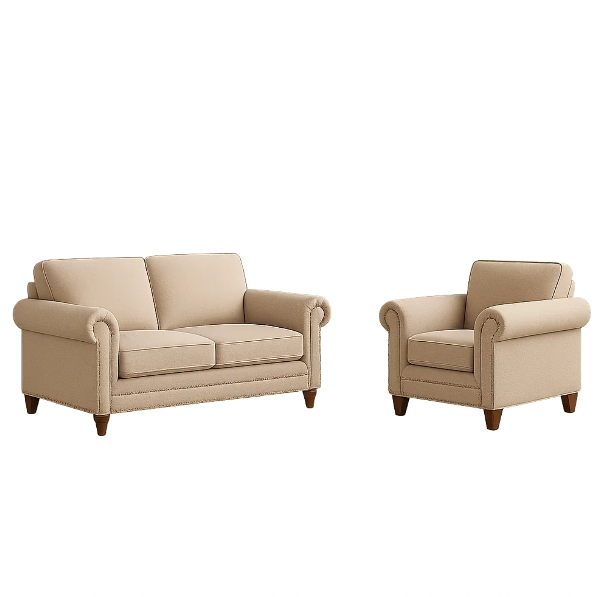 Ensemble canapé 2 places et 1 fauteuil, structure en bois, coussins en mousse, revêtement en tissu beige, pour salon, dimensions canapé 150 x 85 x 90 cm, dimensions fauteuil 80 x 85 x 90 cm - CJTPPzOYlAjO